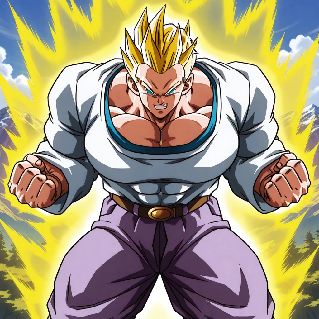 SSGTGoten,1boy,spiked hair,tilted hair,yellow hair,super saiyan,blue eyes,no pupils,white long sleeved shirt,long sleeves,lavender chino pants,beige brown boots,solo, massive muscles, broad shouldered man, gigantic muscles, pectorals, big pecs, defined abs, huge biceps, huge traps, huge lats, thick arms, thick forearms, thick legs, huge pectorals, wide body, wide back, clothed muscles, no square chin, fighting stance, arms at sides, clenched fists, powering up, gritted teeth, yellow aura, super saiyan aura, solo, no pupils, mountains and vegetation in the background, upper body, cowboy shot,