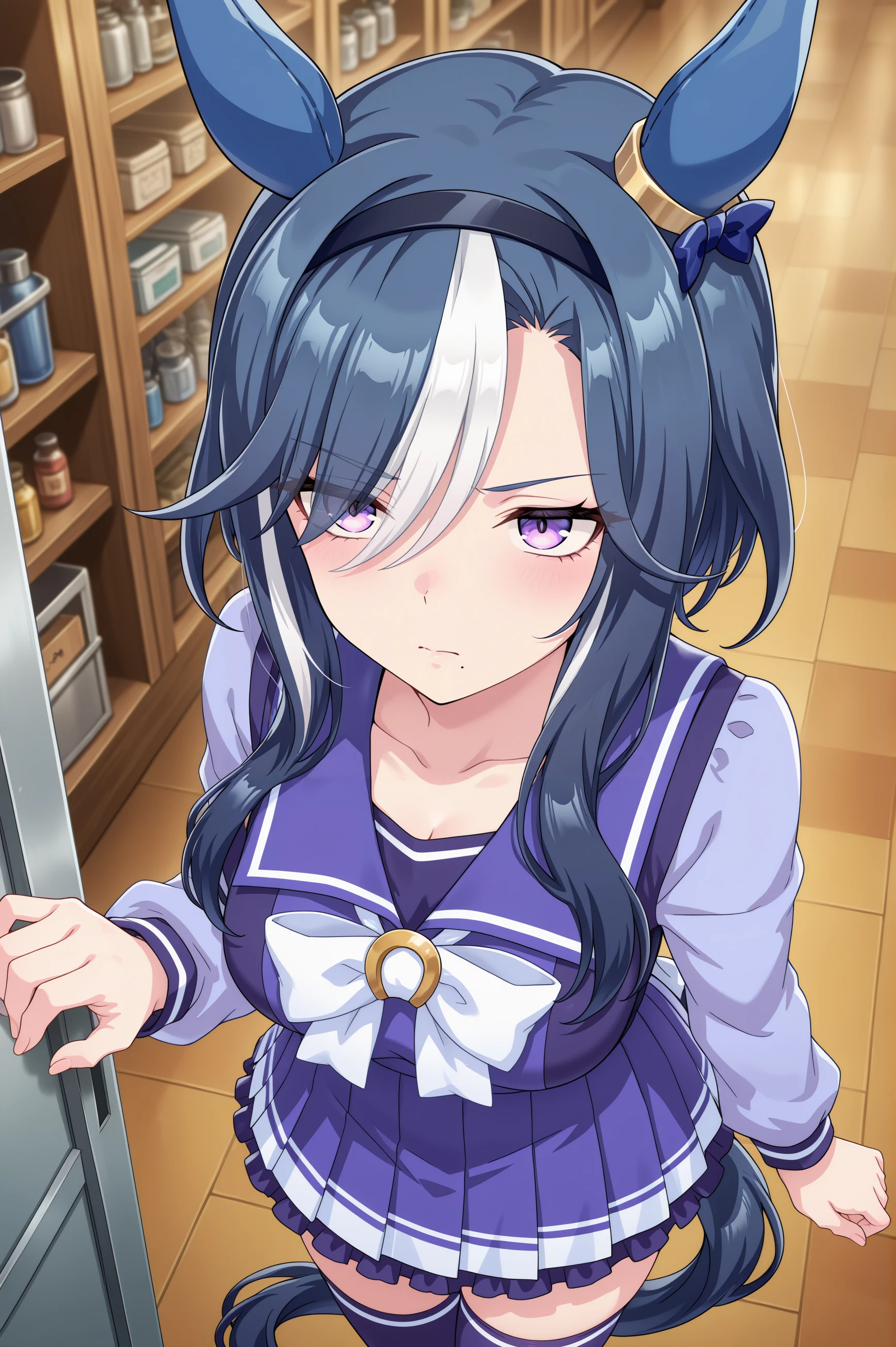 1girl, admire groove \(umamusume\), umamusume, animal ears, horse ears, horse girl, solo,
blue hair, purple eyes, multicolored hair, ear covers, ear bow, medium breasts, white hair, two-tone hair, streaked hair, ear ornament, black hairband, medium hair, mole under mouth, blue bow, short hair with long locks, eyes visible through hair, hair over one eye,
<lora:admiregroove_Illust_v1:0.6>
tracen school uniform, long sleeves, purple skirt, winter uniform, purple thighhighs,
from above, cowboy shot, looking up, disdain, closed mouth,tool Shop,
(masterpiece, best quality, newest, highres), (anime coloring:1.5), (anime screenshot:1.5)