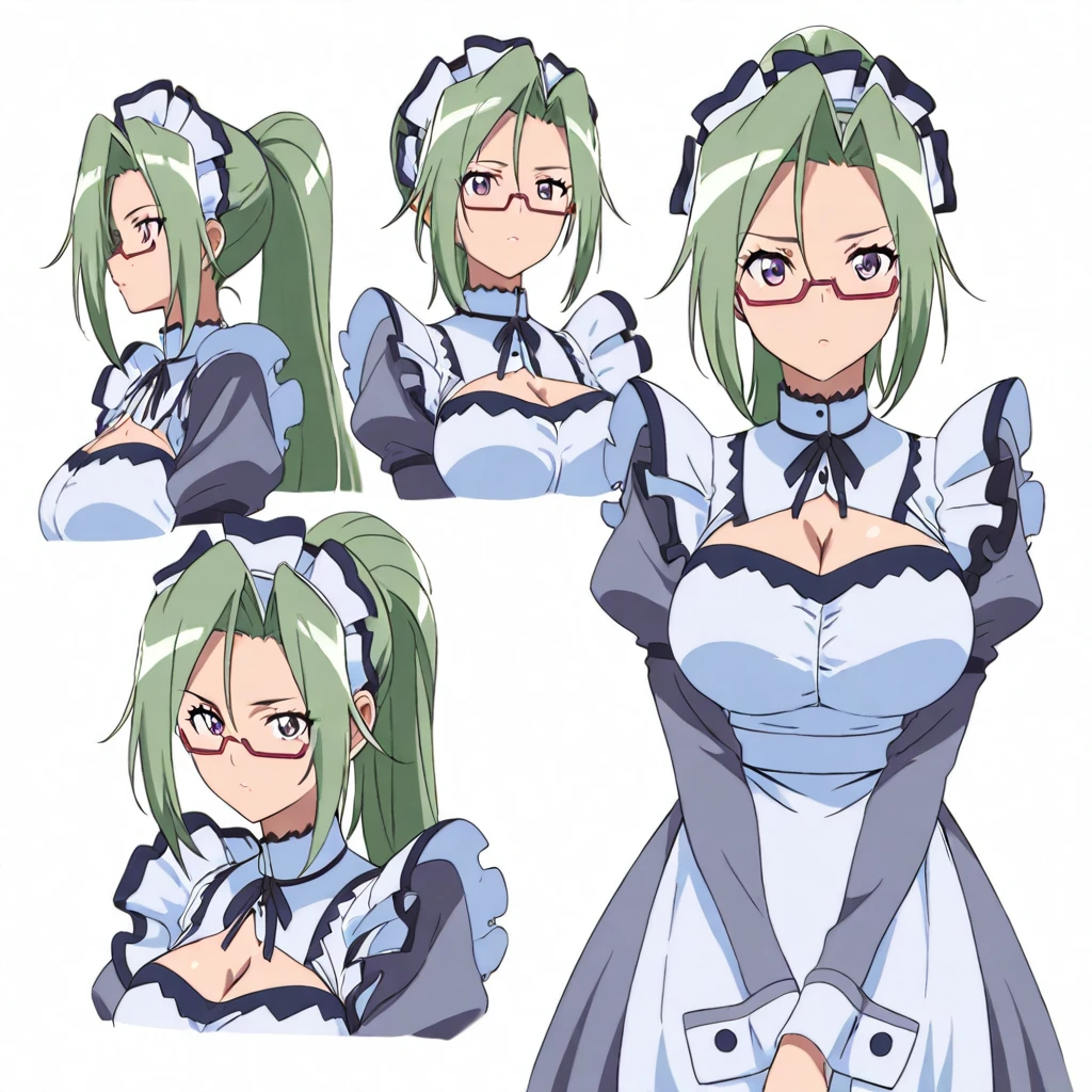masterpiece,high score,great score,absurdres,anime coloring,looking at viewer,1girl,solo,<lora:character_Sheet_XL:0.5> character sheet, multiple views, white background,<lora:MitsukiHanyuu ag4o:1> mitsukihanyuu, green hair, ponytail, purple eyes, glasses,maid,cleavage,
