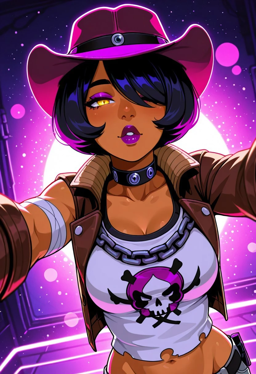 NishaBTPS, 1girl, solo, tanned skin, purple cowboy hat, black hair, bobcut, yellow eyes, hair over one eye, full lips, purple lipstick, choker, white torn shirt with print, brown jacket, , navel, midriff, groin, belt, grey denim pants, bandage, collar, chain, holster, boots, handgun, revolver,
masterpiece, best quality, fine details, intricate details, depth of field, subsurface scattering, bokeh, ultra-detailed, very aesthetic, detailed background, newest, scenery, highres, absurdres, colorful, vibrant, glowing, perfect face, 2d, perfect eyes, vibrant saturated colors, volumetric lighting, sharp, detailed eyes, perfect , perfect face, perfect eyes, mature body, clear eyes, beautiful eyes, athletic, curvy body, athletic girl, perky , perfect , round , pinup pose, teasing, expression, perfect hands,
muscular female, dutch angle, dynamic pose,
one eye closed, , facing viewer, upper body, straight-on, pov, running towards viewer, (reaching towards viewer, :1.2), (outstretched arms, :1.2), looking at viewer, facing viewer, half-closed eyes, ( gaze, ), makeup, , thick lips, red lips, lipstick, incoming kiss, puckered lips, parted lips, (excited, :1.2), (cheerful, :1.2)
,Smooth Negative, Smooth_Quality,