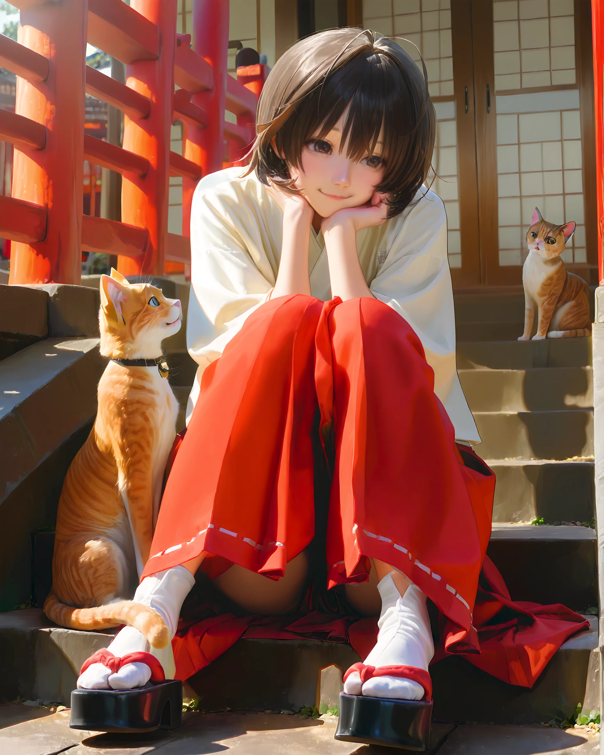 uncensored,NSFW,rating explicit,masterpiece,absurdres,highres,newest,very awa,best quality,year 2024,solo,(amatsume akira:1.2),(yosuga no sora:1.2),brown eyes,brown hair,cute beautiful detailed face,detailed eyes,
leaning,kind smile,chin rest,sitting,knees together feet apart,knees up,sitting on stairs,
miko,hakama,tabi,okobo,
east asian architecture,torii,japanese shrine,cat,
