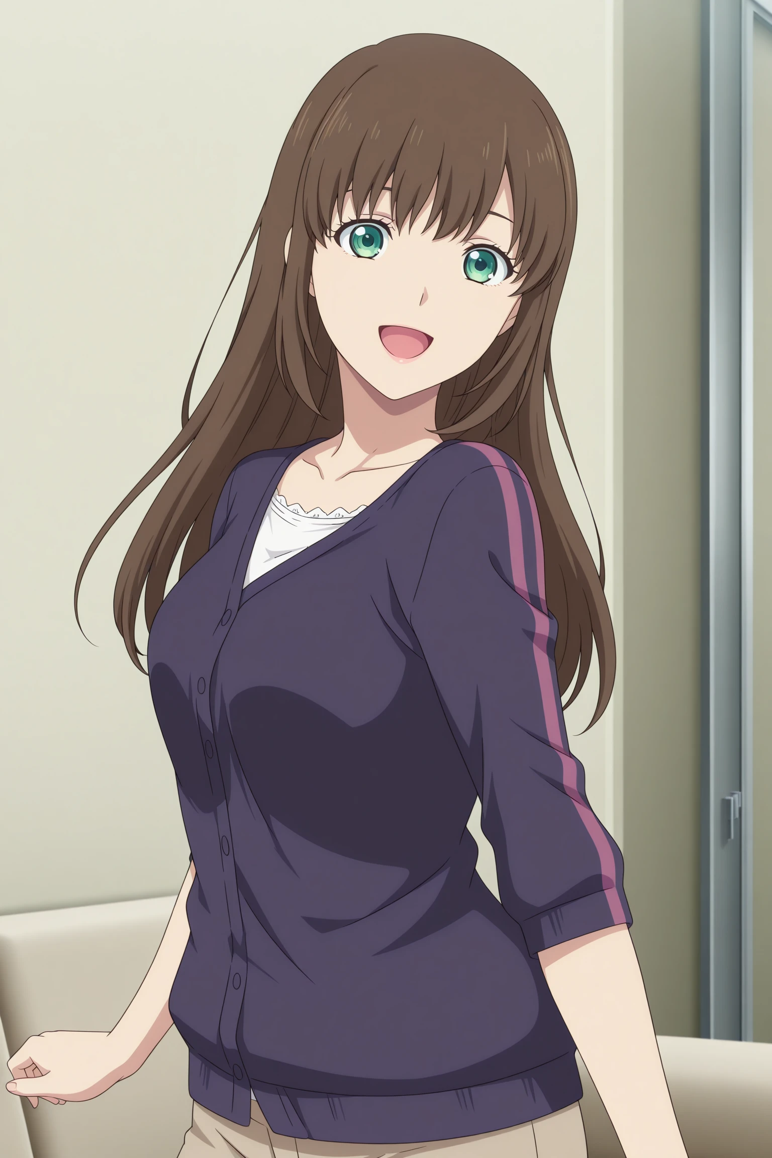 masterpiece, best quality, amazing quality, highres, absurdres, very aesthetic, high resolution, ultra detailed, perfect details, 1girl, solo, indoors, living room, tachibana hina, long hair, brown hair, sidelocks, choppy bangs, green eyes, three-quarter sleeves, pink cardigan, purple cardigan, white shirt, lace-trimmed shirt, untucked shirt, brown pants, capri pants, <lora:Hina_Tachibana_ILXL:1>, (aged up:1.2), (upper body), looking at viewer, (anime coloring:1.2), standing, dynamic pose, from side, smile, open mouth