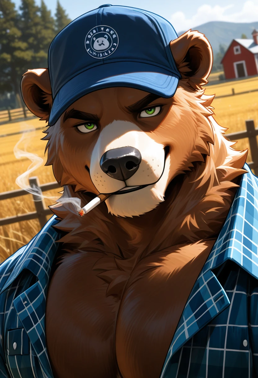 masterpiece, high detail, depth of field, dynamic lighting, best quality, very aesthetic, 8k, best quality, cinematic, high resolution, ultra-detailed, absurdres, newest,
1boy, male, anthro, bear, brown fur, green eyes, portrait, looking at viewer, smirk, dutch angle,
muscular, masculine,
open flannel shirt, pecs
blue hat, smoking cigarette,
farm,