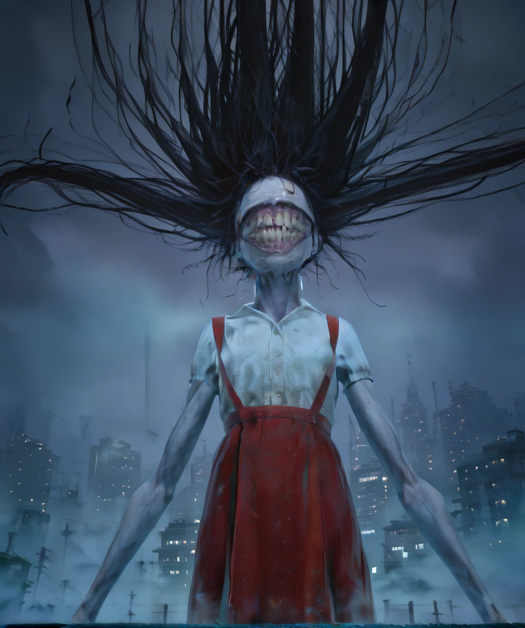 lamentationxl, teeth, clenched teeth,
white shirt, black hair, floating, from below,
dress, suspenders, facing viewer,
night, fog, solo,
outdoors, detailed cityscape, atmospheric haze, night, fog,
(insanely detailed, masterpiece, best quality,), <lora:Lamentationxl-12v2-iLL:1>,