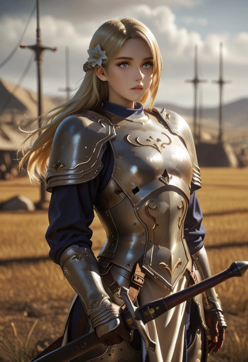 solo, ,1girl, joan), blonde hair, hair flower, hair ornement, blue eyes, armor, shoulder amor, breastplate, on the battlefield, long sword, , , , , , , best quality, good quality, absurdres , , depth of field , , cowboy shot,, medieval setting