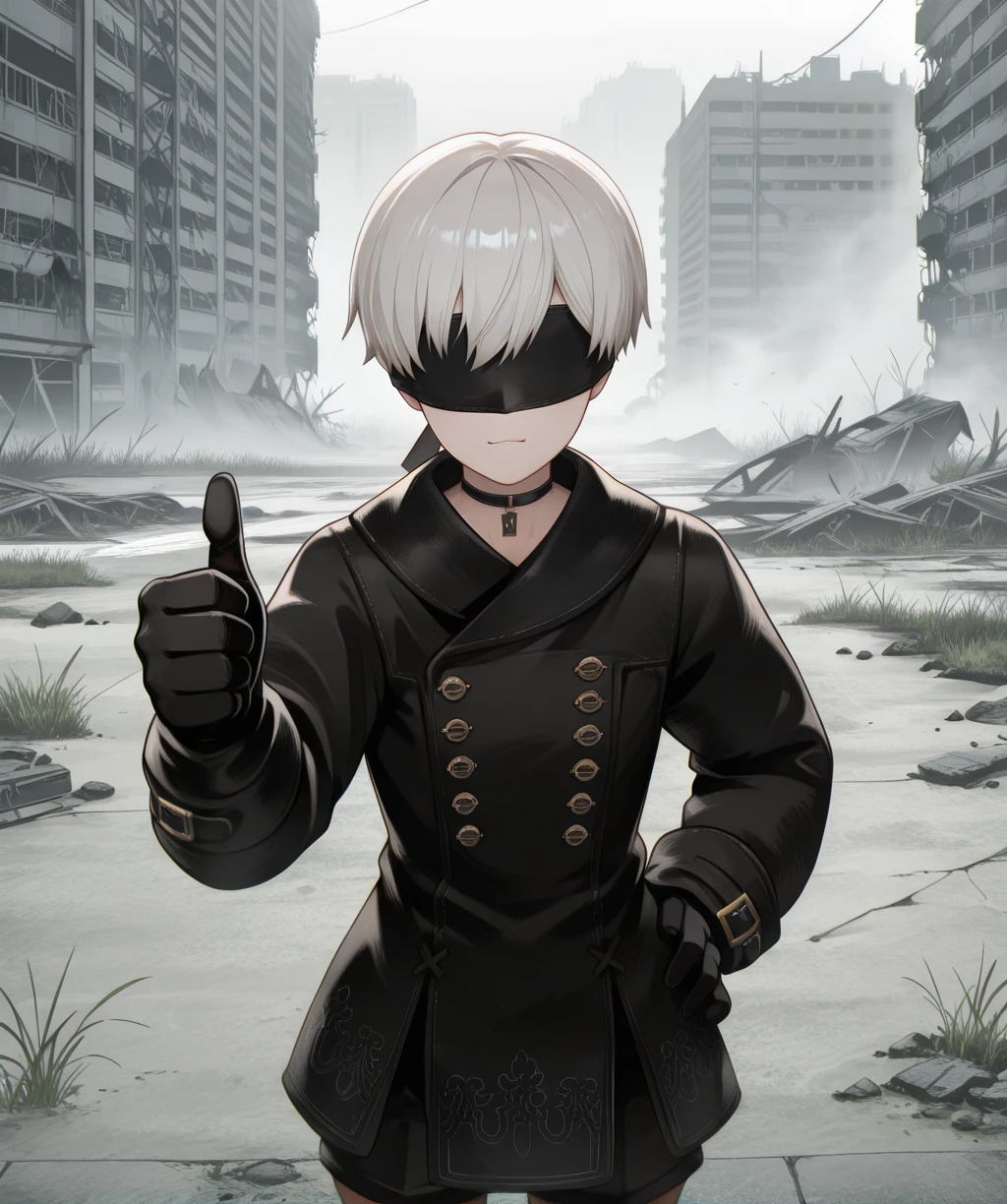 yorha9sxl, white hair, black blindfold, black choker, 
facing viewer, gloves, hand on hip, thumbs up, shorts, 
black jacket, 
deserted city, fog, grass, 
atmospheric haze, ambient occlusion, solo, 
(insanely detailed, masterpiece, best quality,), <lora:Yorha9sxl-12v1-ill2:1>,