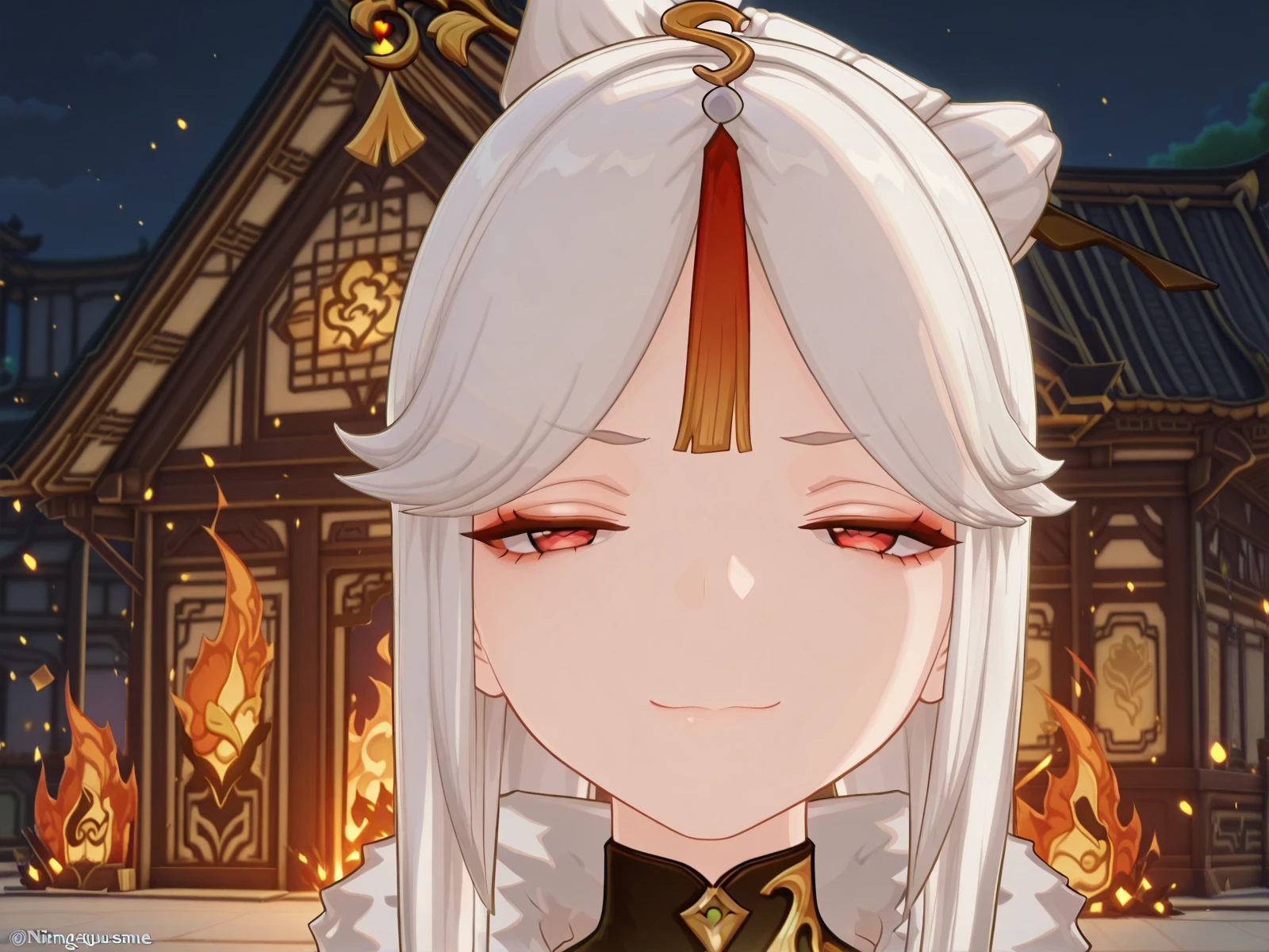 masterpiece, best quality, amazing quality,, <lora:genshin-ningguang-ingame-illustriousxl-lora-nochekaiser:1>, ningguang, ningguang (genshin impact), grey hair, hair ornament, hairpin, long hair, parted bangs, red eyes, sidelocks, streaked hair, red hair, mature female, breasts, 3d, <lora:disaster-girl-illustriousxl-lora-nochekaiser:1>, disaster girl, disaster girl (meme), solo, looking at viewer, smile, closed mouth, upper body, blurry, blurry background, night, depth of field, half-closed eyes, parody, fire, meme, smug, burning house,, , ,