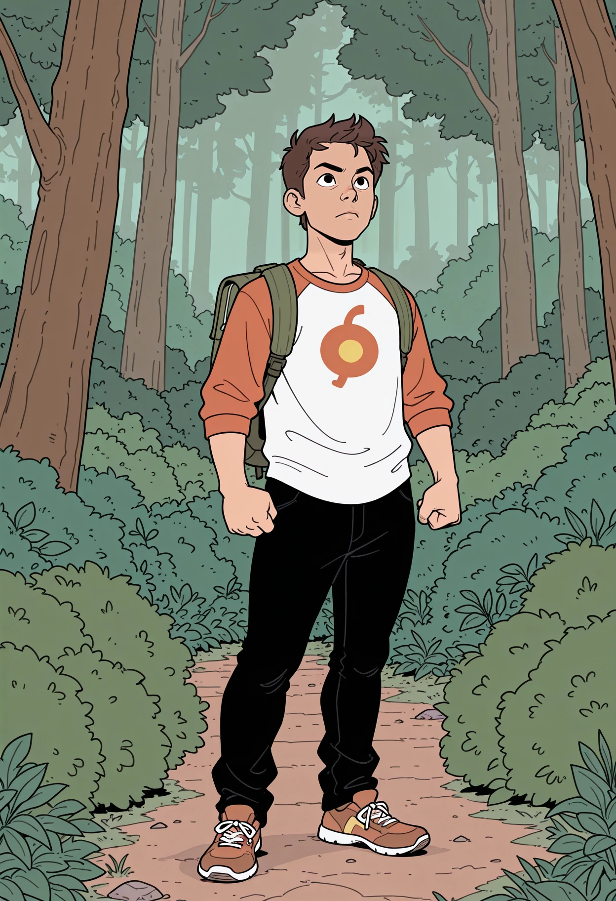 comicbook style,flat color,masterpiece,amazing quality,4k,high resolution,ultra-detailed,newest,male focus,1boy,very short brown hair,solo,backpack,tree,outdoors,shirt,bag,pants,shoes,nature,clenched hands,forest,bush,full body,black pants,standing,short hair,raglan sleeves,