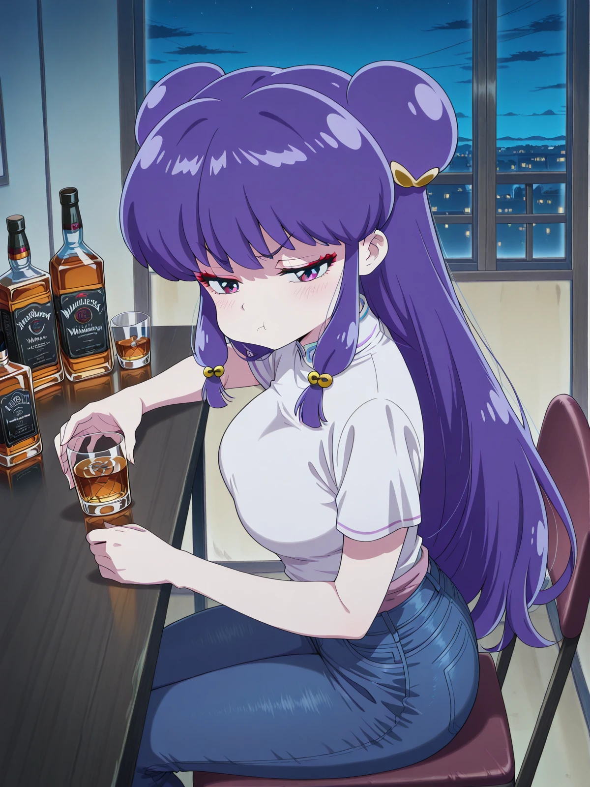 masterpiece, best quality, amazing quality,, <lora:shampoo-s1-illustriousxl-lora-nochekaiser:1>, shampoo, shampoo (ranma 1/2), long hair, hair ornament, red eyes, purple hair, hair bun, double bun, mature female, medium breasts, anime screencap, <lora:drunk-pouting-illustriousxl-lora-nochekaiser:1>, drunk pouting, solo, looking at viewer, blush, shirt, holding, closed mouth, jewelry, sitting, white shirt, short sleeves, sky, pants, indoors, from side, sweater, cup, window, night, chair, table, bottle, denim, holding cup, night sky, drinking glass, alcohol, jeans, blue pants, :t, pout, whiskey, half-closed eyes,, , ,