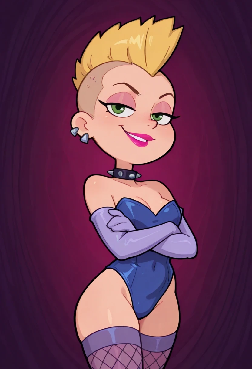 amazing quality, highres, masterpiece, best quality, 1girl, solo, 2D, flat, parody, style accurate, style parody,

TinkPnF, blonde mohawk, emerald-green eyes, pink lipstick, black spiked choker, multiple earrings, lavender shoulder-length gloves, fishnet stockings, blue leotard,

looking at viewer, character design, standing, smirk, arms crossed, cowboy shot