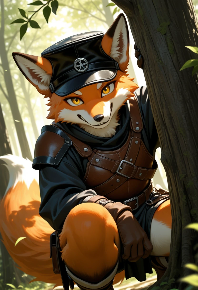 masterpiece, high detail, depth of field, dynamic lighting, best quality, very aesthetic, 8k, best quality, cinematic, high resolution, ultra-detailed, absurdres, newest,
1boy, male, anthro, fox, orange fur, yellow eyes, portrait, dutch angle, looking at viewer, cute grin,
leather armor, leather hat, 
forest, crouching in tree, daytime,