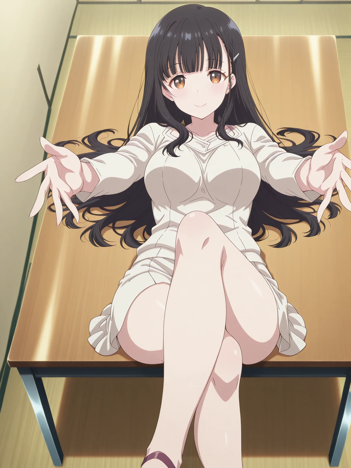 masterpiece, best quality, amazing quality,, <lora:yume-irido-s1-illustriousxl-lora-nochekaiser:1>, yume irido, long hair, bangs, black hair, hair ornament, brown eyes, hairclip, mature female, medium breasts, anime screencap, <lora:crossed-legs-reaching-towards-viewer-illustriousxl-lora-nochekaiser:1>, crossed legs reaching towards viewer, solo, looking at viewer, blush, smile, closed mouth, sitting, lying, indoors, on back, crossed legs, outstretched arms, on table, on desk,, , ,