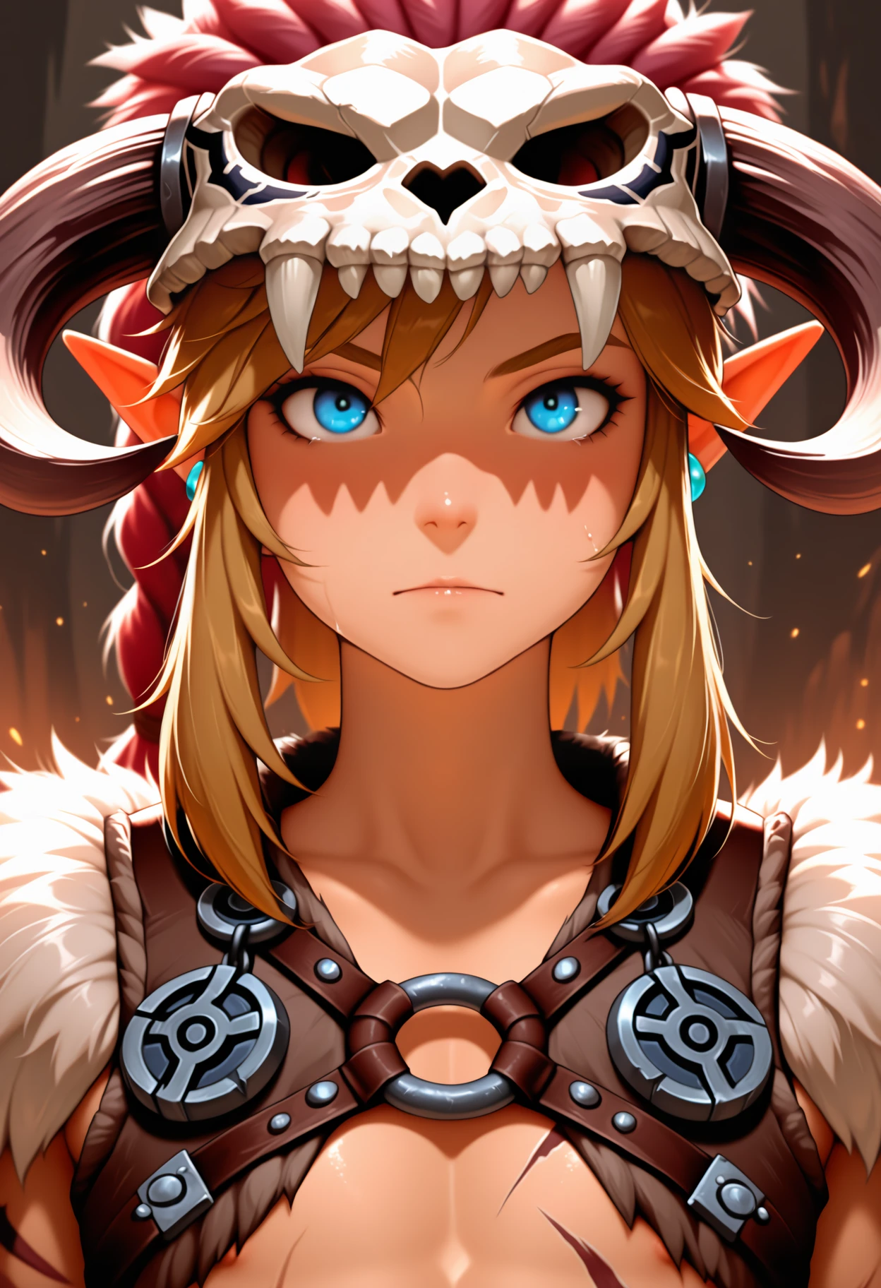 masterpiece, best quality, amazing quality, very aesthetic, high resolution, ultra-detailed, absurdres, barbarian, link, otoko no ko, 1boy, solo, fur trim, animal skull, (portrait:0.75), <lora:LinkBarbarian-10:0.85>