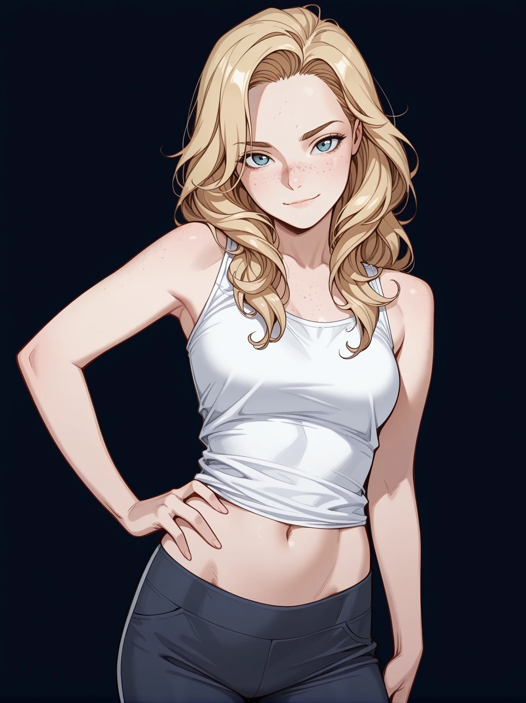 masterpiece, best quality, cartoon,
1girl, (ManiacXL:1.1), blue eyes, blonde hair, white tank top, navel, pants, bare shoulders, long hair, freckles, wavy hair,
light smile, dutch angle, naughty pose, looking at viewer, hands at side, one hand on hips, solo, dynamic pose, cowboy shot, head tilt, sexually suggestive, black simple background,
<lora:AManiacGame_character:1>, <lora:J_Scott_Campbell_Illustrious_Style:0.8>
