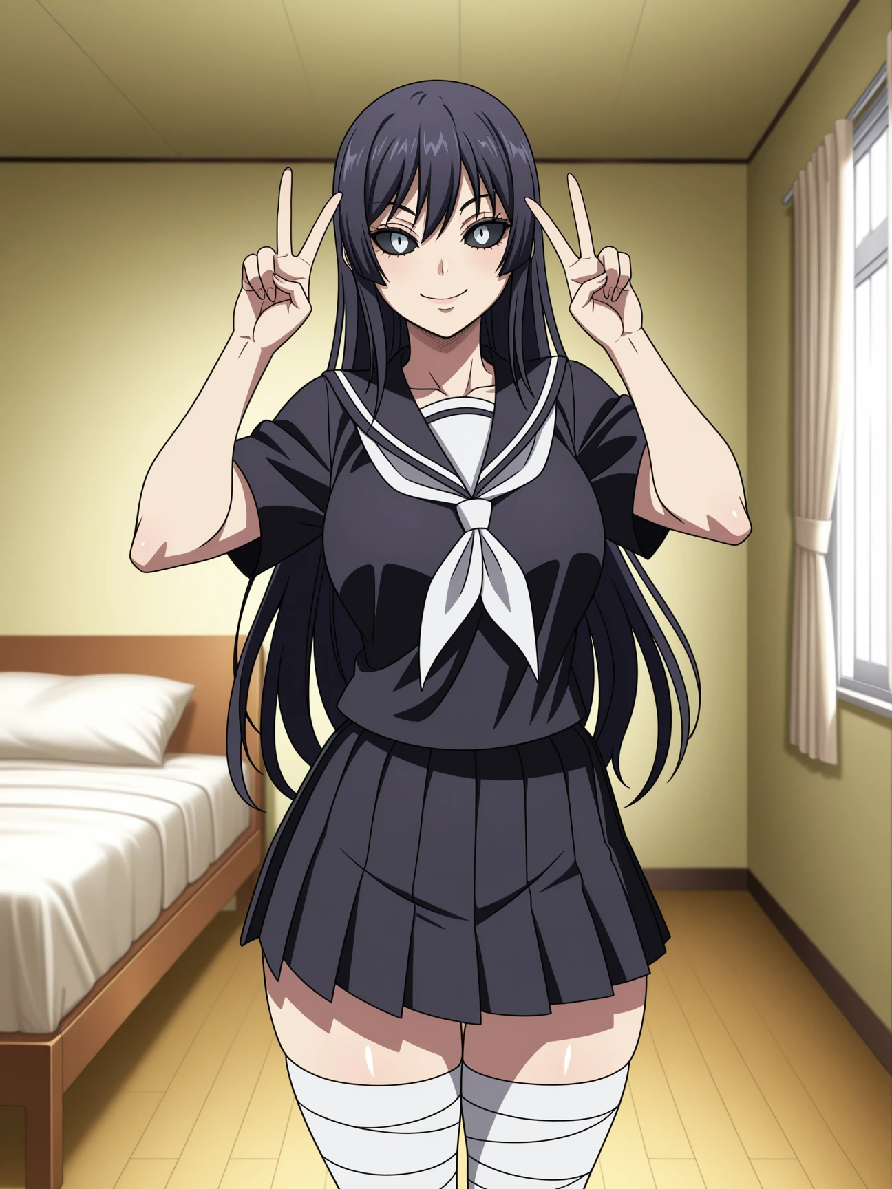 best quality, absurdres, highres, <lora:Karla Kure Illu:0.8> karlaillu, looking at viewer, school uniform, black serafuku, black skirt, bandaged leg, thighhighs, facing viewer, bedroom, kengan ashura, V, anime screenshot,