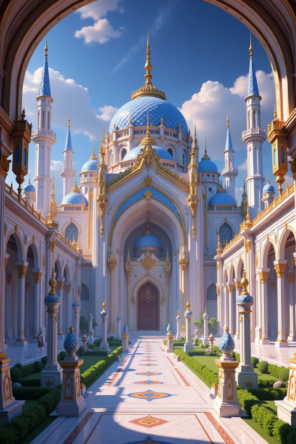 DJ_style,Fantasy architectural scenes, a pink - domed palace, red - carpeted bridges over water, lush greenery, clear blue skies and distant peaks.