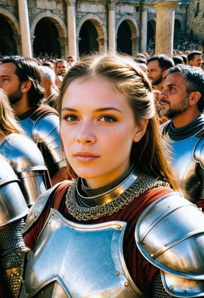 score_9, score_8_up, score_7_up, portrait photo of a beautiful girl in medieval armor, shot on Fujifilm Superia 400, natural lighting, next to a crowd of people in ancient Rome, close-up shot, 32K, cinematic composition, professional color grading, film grain, atmosphere, wondrous, highly detailed armor textures and skin pores, masterpiece, best quality, photorealistic.