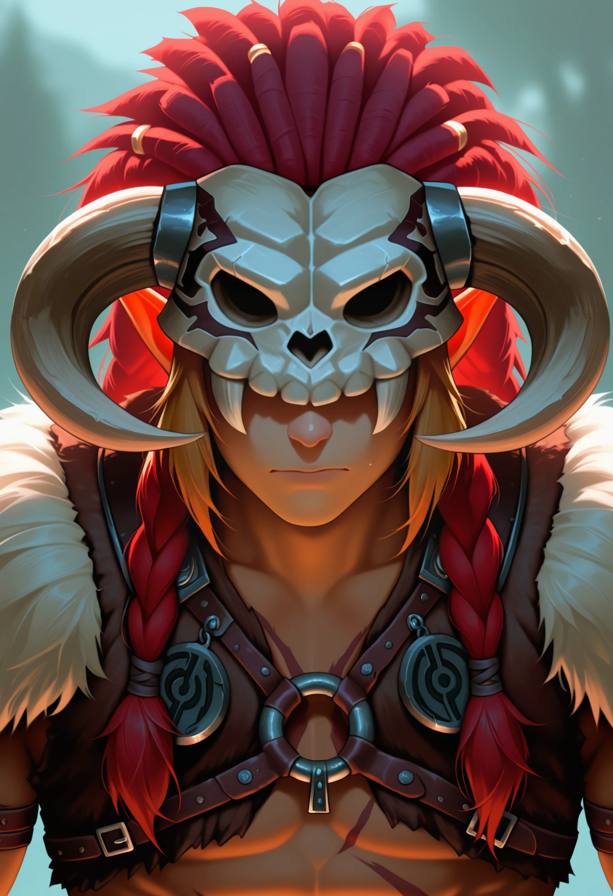 masterpiece, best quality, amazing quality, very aesthetic, high resolution, ultra-detailed, absurdres, barbarian, link, 1boy, solo, fur trim, animal skull, horned helmet, (portrait:0.6) <lora:LinkBarbarian-10:0.9>
