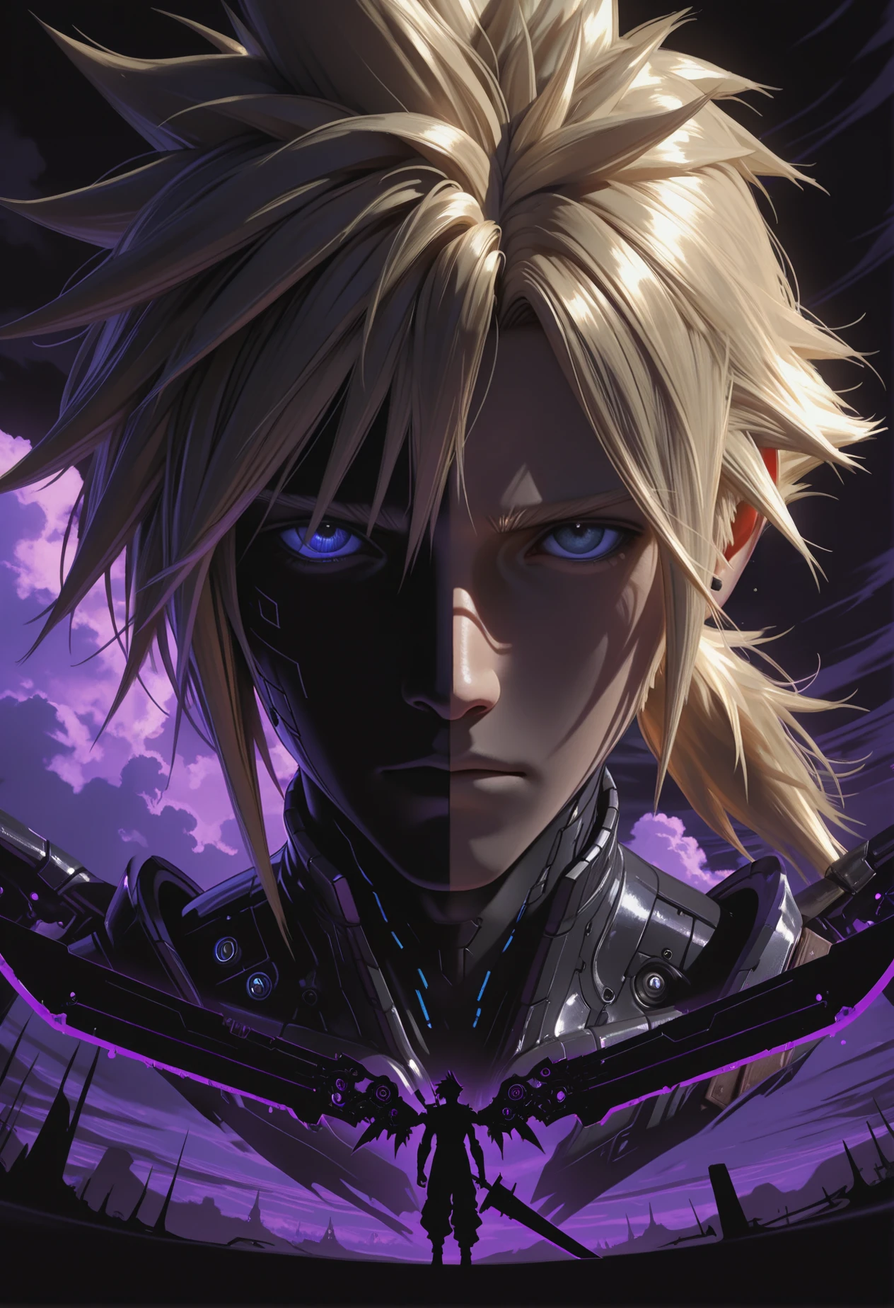 masterpiece, best quality, complementary colors,
1boy, man,
looking at viewer, 
silhouette,
tilted angle, face focus, 
mecha wings, giant sword,
edgelord, ponytail_male, cloud_strife_inspired_hair,
fantasy,
cybersijren, dimly lit, black ink, low-key, inked cyber details, dark atmosphere, <lora:cyber-sijren:0.5>