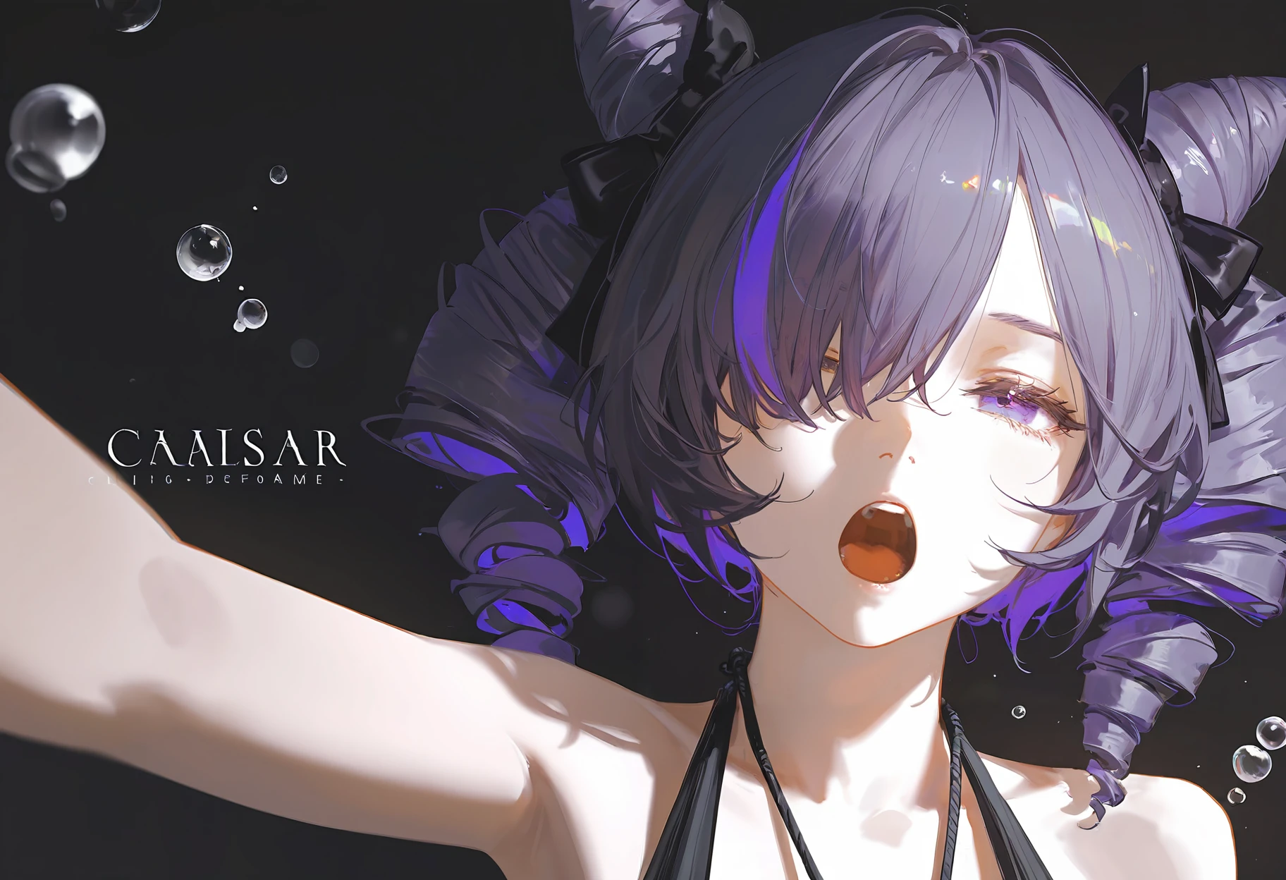 oil painting,impasto,highres,extremely detailed 8k wallpaper,illustration,great quality,masterpiece,best quality,amazing quality,very aesthetic,absurdres,wallpaper,detail eyes,
artist:dino_(dinoartforame),artist:konya_karasue,(artist:nixeu:0.8),(artist:wlop:0.5),artist:ciloranko BREAK
Dark fantasy style,1girl,solo,
<lora:è´¾ç»´æ¯:0.9>,cone hair bun,hair over one eye,multicolored hair,purple eyes,purple hair,short hair,two-tone hair,
SkinHairDetail,SkinDetail,OverallDetail,EyeDetail,shadows,high contrast,(portrait:1.3),taking selfie,selfie,solo,
(front view:1.2),streaked hair,(big drill hair:1.8),twintails,(sleepy:1.2),squinting,(open mouth wide:1.2),(black hanging collar:1.8), shoulders,text;Zzzz...,(black silk phnom penh ribbon:1.2),(hair ribbon:1.1),hair bow,bubble,yawning,palms,