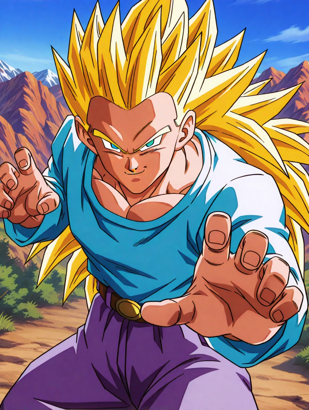 SSGTGoten,1boy,long hair, yellow hair, spiked hair, super saiyan 3, blue eyes, no eyebrows, no yellow eyebrows, white long sleeved shirt,long sleeves,lavender chino pants,beige brown boots,solo, smiling, looking at viewer, cowboy shot, upper body, mountains and vegetation in the background, dynamic angle, fighting stance,