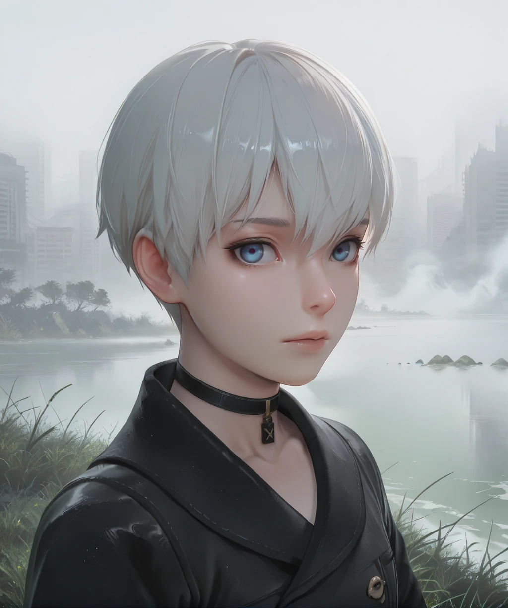 yorha9sxl, white hair, choker, blue eyes, 
upper body, looking at viewer, 
close up, 
black jacket, 
deserted city, fog, grass, lake, 
atmospheric haze, ambient occlusion, detailed environment, 
(insanely detailed, masterpiece, best quality,), <lora:Yorha9sxl-12v1-ill2:1>,