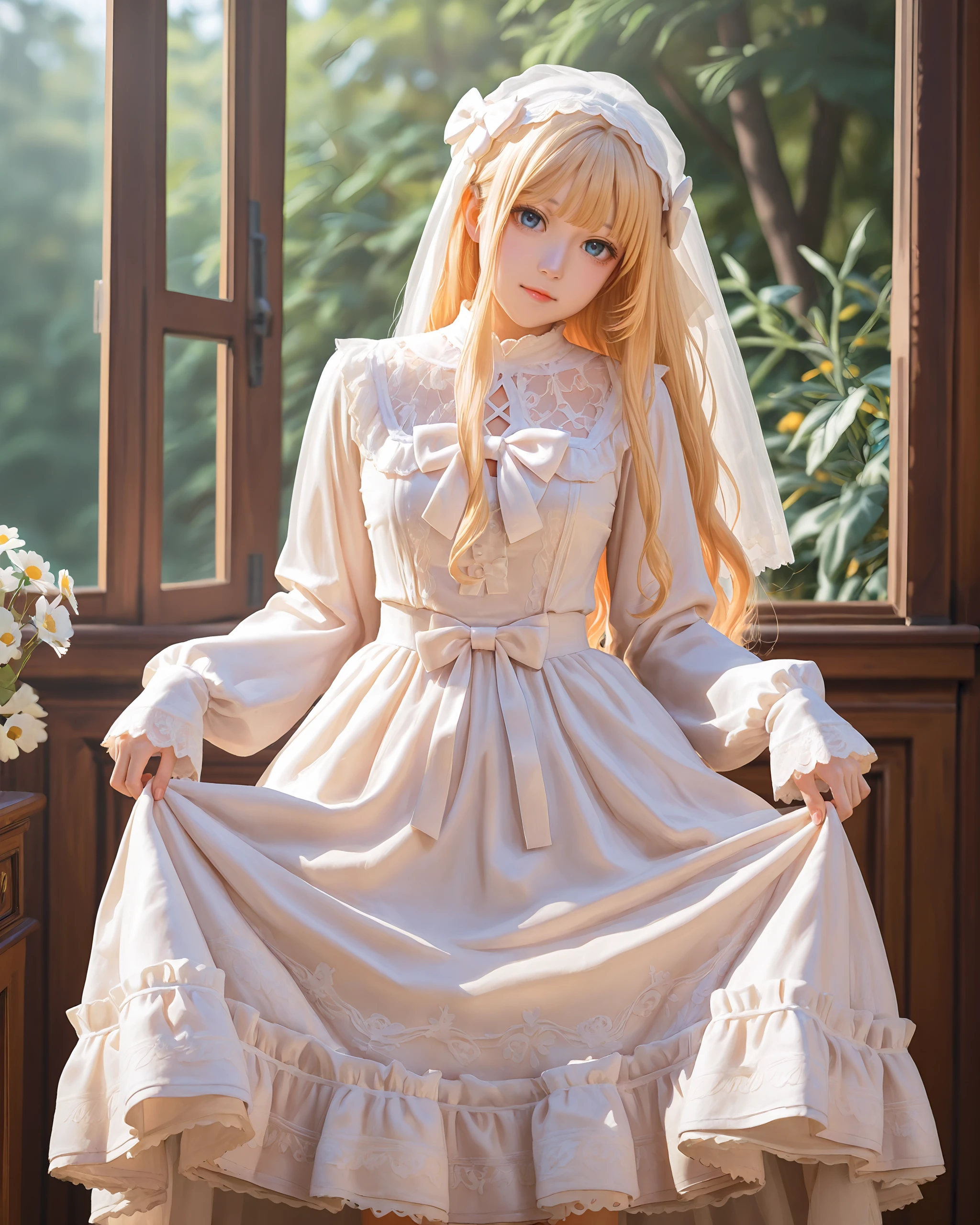 masterpiece,absurdres,highres,newest,very awa,best quality,year 2024,photorealistic,realistic,1girl,solo,long hair,looking at viewer,rococo movement,blue eyes,skirt,blonde hair,long sleeves,dress,bow,closed mouth,standing,flower,white dress,sleeves past wrists,lips,head tilt,blurry background,white bow,veil,lace trim,lace,skirt hold,photo,