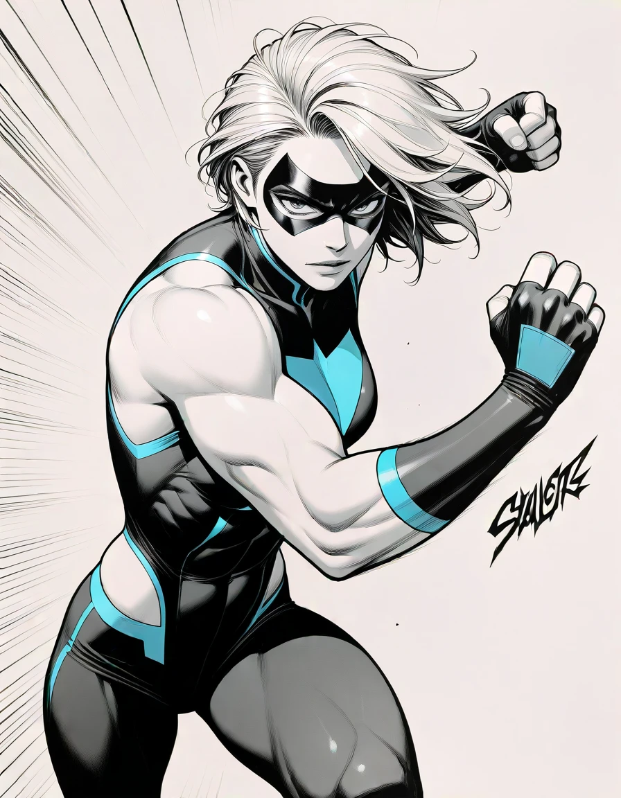masterpiece, best_quality, very_aesthetic, highres, absurdres, ultra detailed,
  <lora:neg_3-3_V02:0.4>
 <lora:western_comic_il_MIX_V5:1.5>
muscular female,
 solo,superhero costume,
fighting stance,  speed lines, sound effects, 
 western comics \(style\) ,hatching  \(texture\), halftone,, khaki theme,azure bluetrim, , close-up,