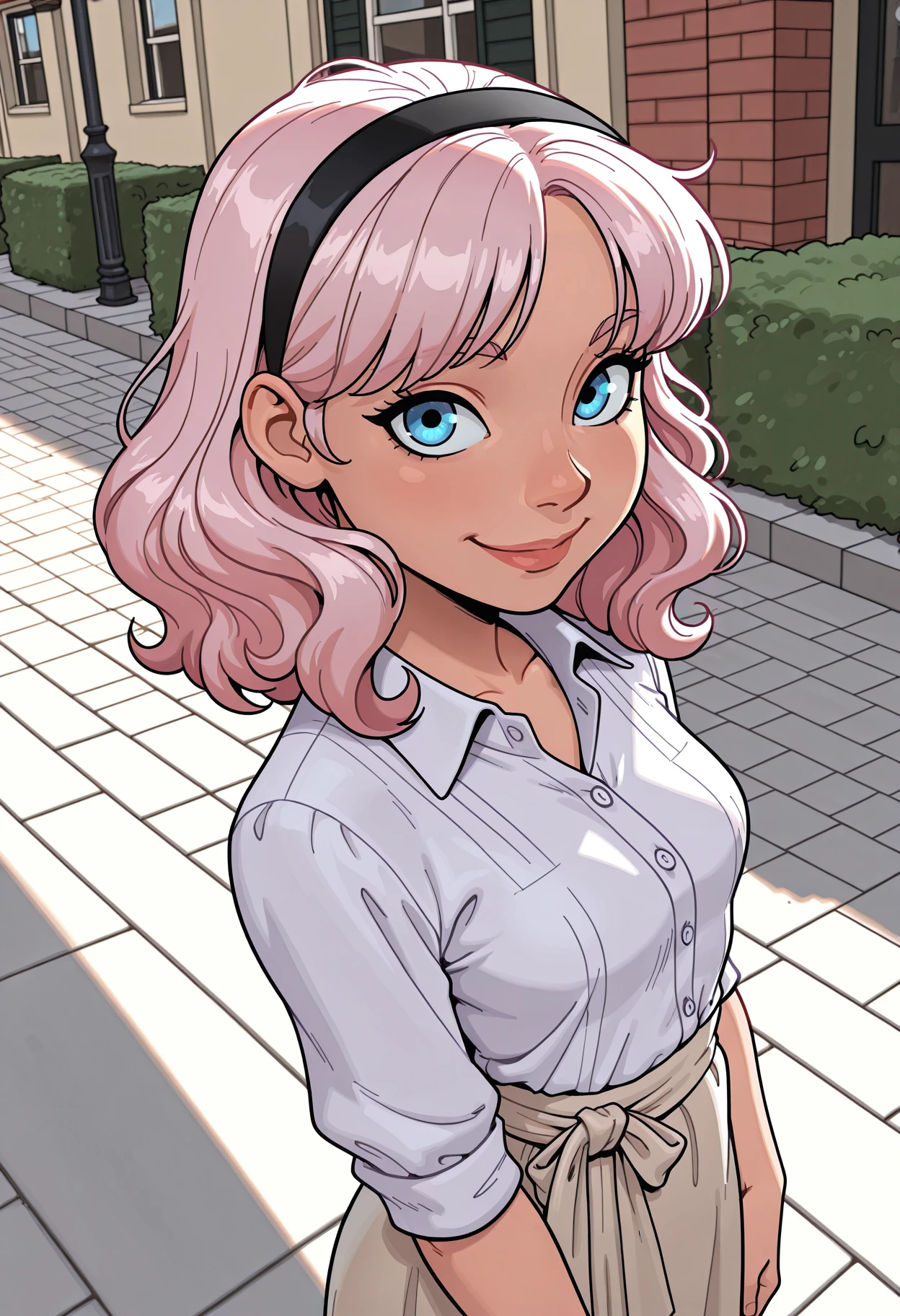 comicbook style,Masterpiece,amazing quality,4k,high resolution,ultra-detailed,newest,best quality,1girl, wavy hair, light pink hair, medium hair, center part bangs,  hairband, Linen button-down shirt, Linen wrap skirt,standing,detailed eyes, street,sidewalk, suburban neighborhood, smile, small breasts, from front, natural lighting, blue eyes, (daytime:1),(dappled shadows:0.3),dynamic angle,scenery,rim light,available light,face focus,looking at viewer,