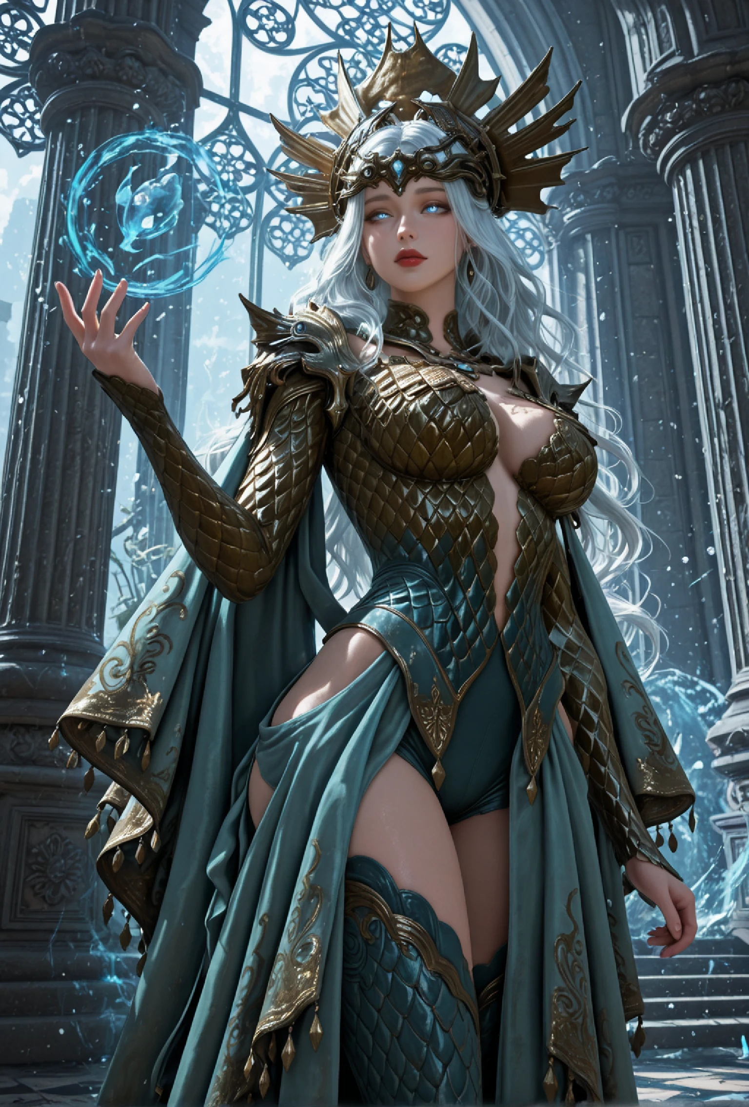 photorealistic,realistic,soft light,emotional expression,realistic shadows,erotic tension,digital painting,cel-shading,(masterpiece:1.2),(best quality:1.1),amazing quality,absurdres,ultra detailed,8k,ray tracing,very aesthetic,volumetric lighting,newest,anthro,detailed face eyes and fur,uncensored,
embedding:lazympos,
Rusalka, beautiful woman, elegant, regal, goddess-like, fair skin, flawless face, mature woman, blue eyes, glowing eyes, eyelashes, thick lips, red lips, absurdly long hair, wavy hair, silver hair, white hair, ornate golden crown, spiked crown, gemstone centerpiece, seashell motif crown, royal jewelry, gemstone necklace, ornate choker,
golden armor, scale armor, metallic chestplate, cleavage cutout, large breasts, armored scale sleeves, ornate shoulder plates, flowing cape, teal cloak, long cloak, embroidered cloak, golden embroidery, tassel details, aqua-blue fabric, silky fabric, layered skirt, slit dress, thigh slit, elegant drapery, intricate hem patterns, thick thighs, wide hips, narrow waist, blue ornate thighhighs, high heels, standing,
mystical aura, oceanic aura,underwater ruins, royal floor,
cowboy_shot, dutch_angle, from_side, from_below,