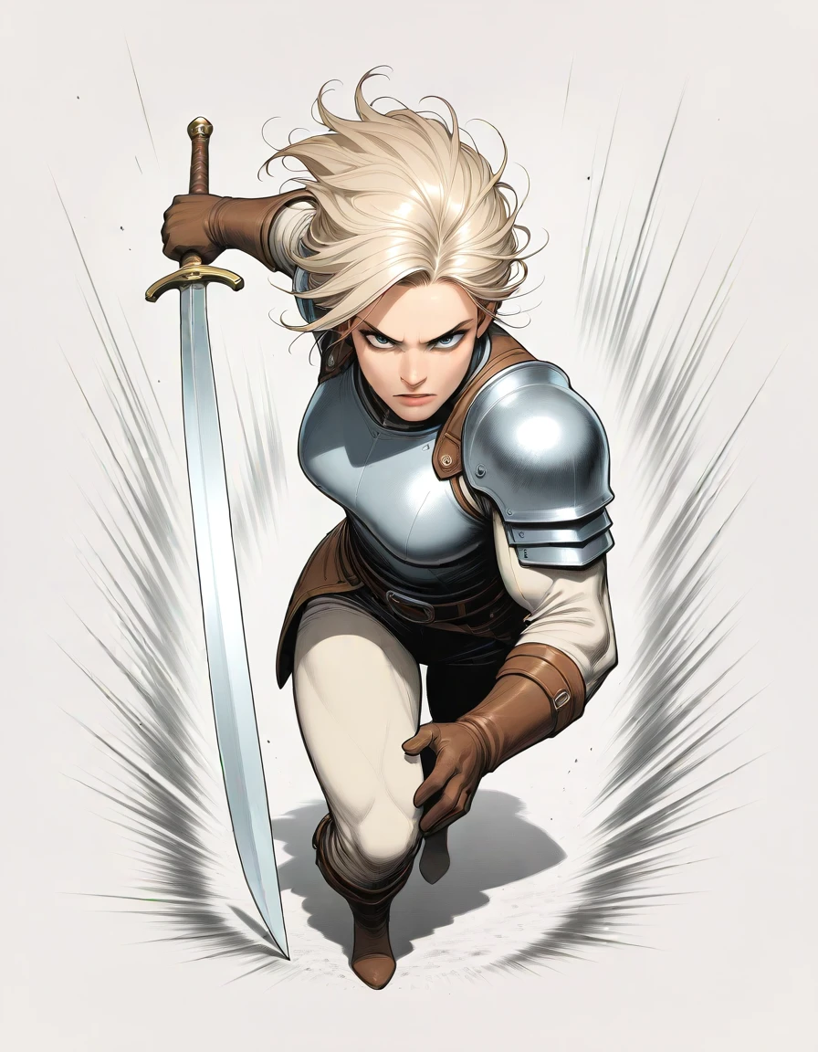 holding, holding weapon, holding longsword, defensive stance, medieval armor, looking at viewer, masterpiece, best_quality, very_aesthetic, highres, absurdres, ultra detailed,
  <lora:neg_3-3_V02:0.4>
 <lora:western_comic_il_MIX_V5:1.5>
muscular female, shoulder armor,  gloves
fighting stance,  speed lines, sound effects, 
 western comics \(style\) ,hatching  \(texture\), halftone,, light beige theme,walnuttrim, , portrait,from above,