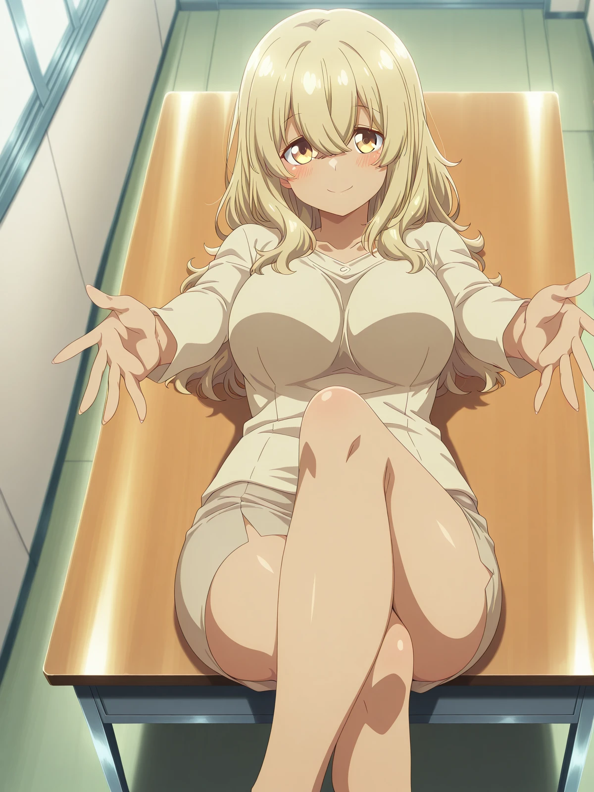 masterpiece, best quality, amazing quality,, <lora:kana-higa-s1-illustriousxl-lora-nochekaiser:1>, kana higa, long hair, bangs, blonde hair, hair between eyes, yellow eyes, mature female, large breasts, anime screencap, <lora:crossed-legs-reaching-towards-viewer-illustriousxl-lora-nochekaiser:1>, crossed legs reaching towards viewer, solo, looking at viewer, blush, smile, closed mouth, sitting, lying, indoors, on back, crossed legs, outstretched arms, on table, on desk,, , ,