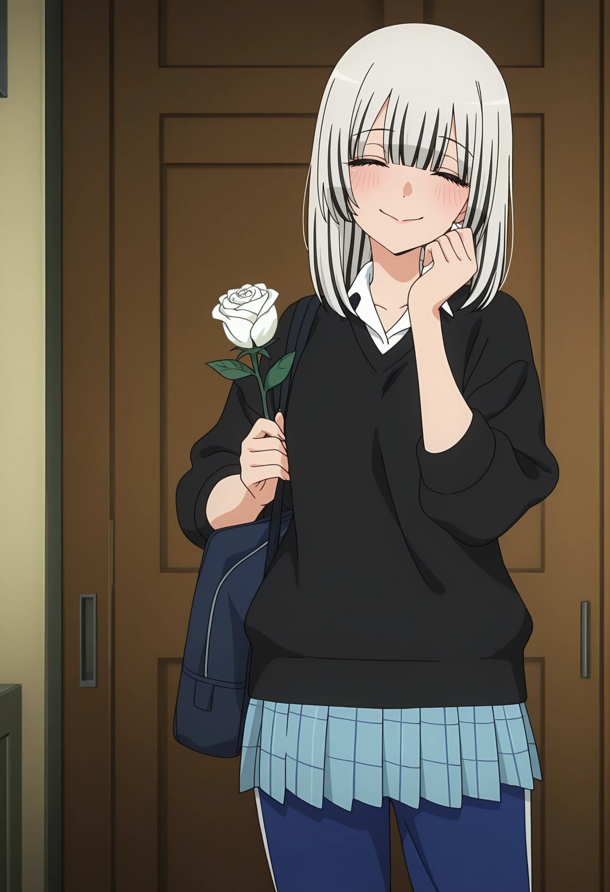 masterpiece,best quality, anime coloring, anime screencap,1girl, closed eyes, pleated skirt, track pants, smile, blue pants, white shirt, black sweater, closed mouth, holding flower, blue skirt, jacket, door, facing viewer, pants under skirt, track suit, collared shirt, standing, hand up, medium hair, blush, white rose, indoors, holding clothes, cowboy shot, grey hair, blunt bangs, black hair, multicolored hair, streaked hair, plaid skirt, wing collar, anime screencap
<lora:kasai_seira_meipaws:1>, looking at viewer,