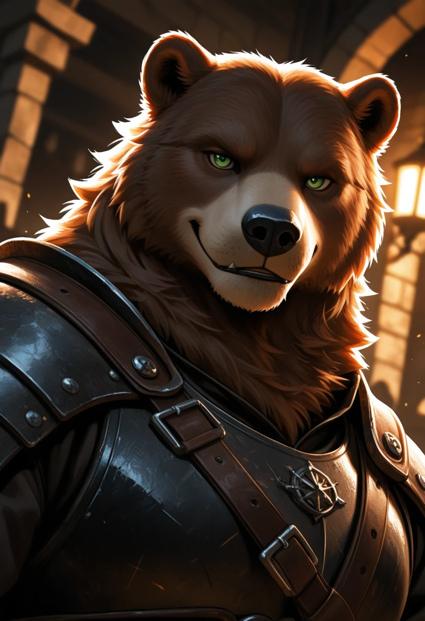 masterpiece, high detail, depth of field, dynamic lighting, best quality, very aesthetic, 8k, best quality, cinematic, high resolution, ultra-detailed, absurdres, newest,
1boy, male, anthro, bear, brown fur, green eyes, portrait, dutch angle, looking at viewer, smirk
muscular, masculine,
medieval, blacksmith, volumetric lighting,