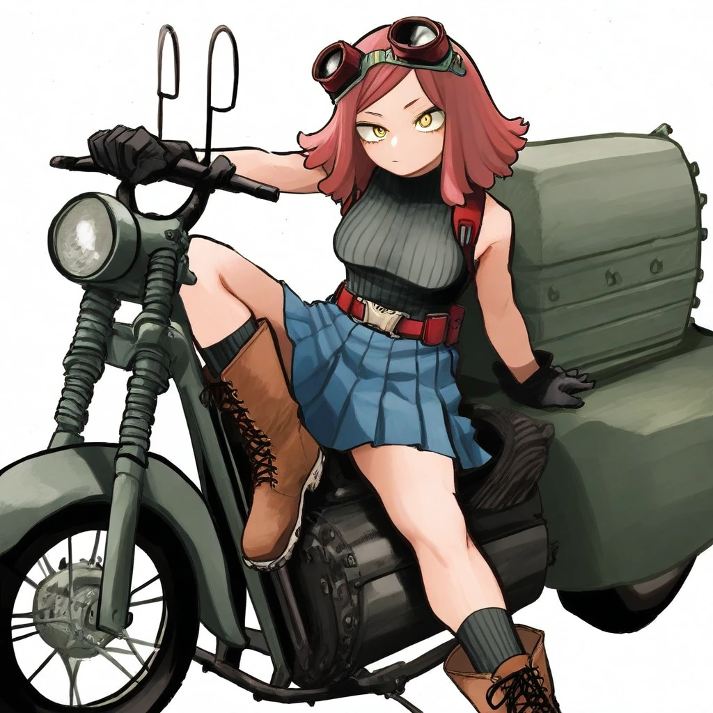 horikoshistyle, 1girl, gloves, motor vehicle, solo, skirt, ground vehicle, boots, white background, goggles, pink hair, blue skirt, motorcycle, looking at viewer, tank top, pleated skirt, black gloves, simple background, sitting, yellow eyes, closed mouth, brown footwear, red hair, breasts, sleeveless, ribbed shirt, goggles on head, socks, black shirt, medium hair, shirt, mei hatsume