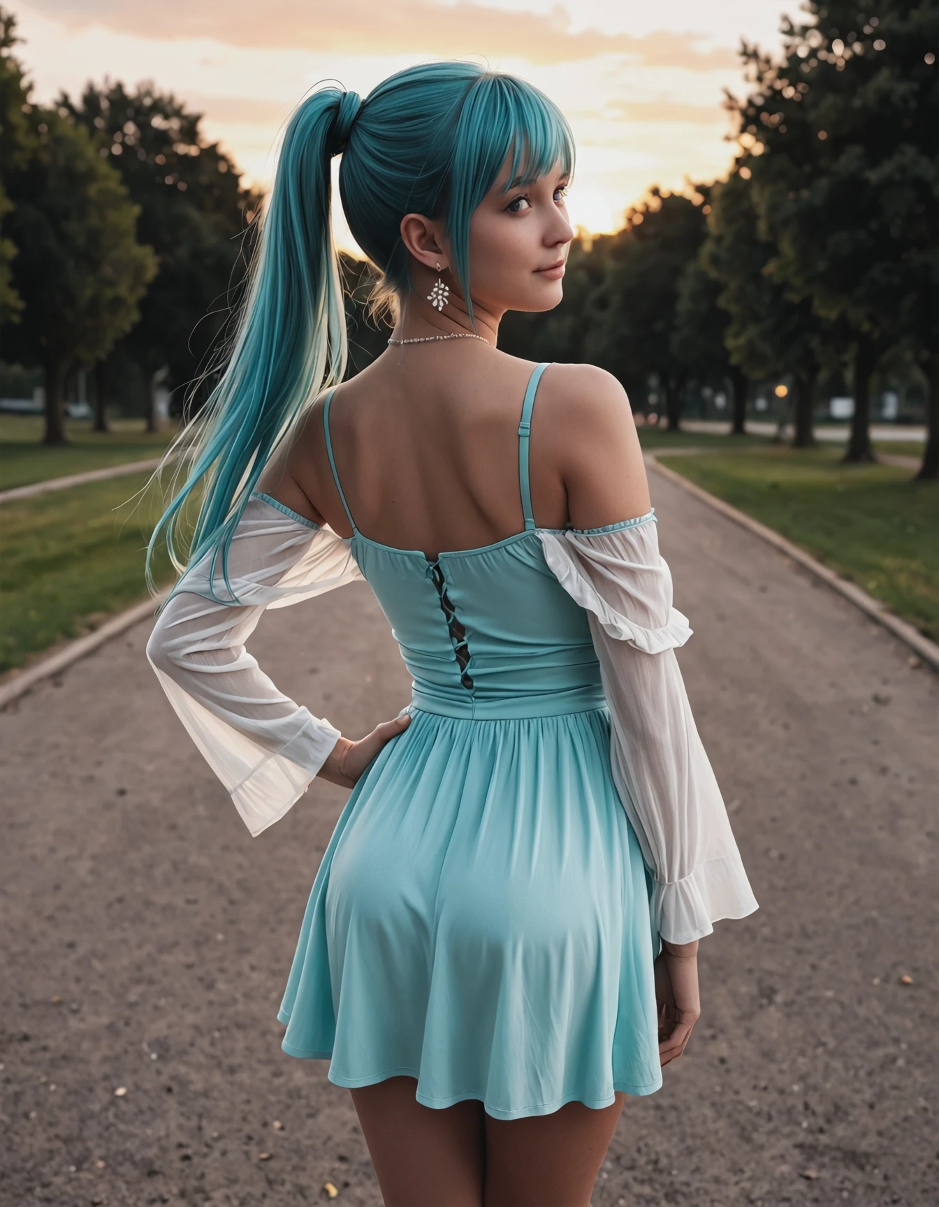 a cute girl cosplaying as hatsune miku, wearing a aquamarine colored dress with spaghetti straps, off shoulder, detached sleeves, necklace, earrings, standing in a park at sunset, from behind, looking back, light smile, hand on own hip,, masterpiece, ultra-HD, photorealistic, high detail, best quality, 8k, best quality, sharp focus, ray-tracing, realistic, depth of field, shallow depth of field, raw photo.