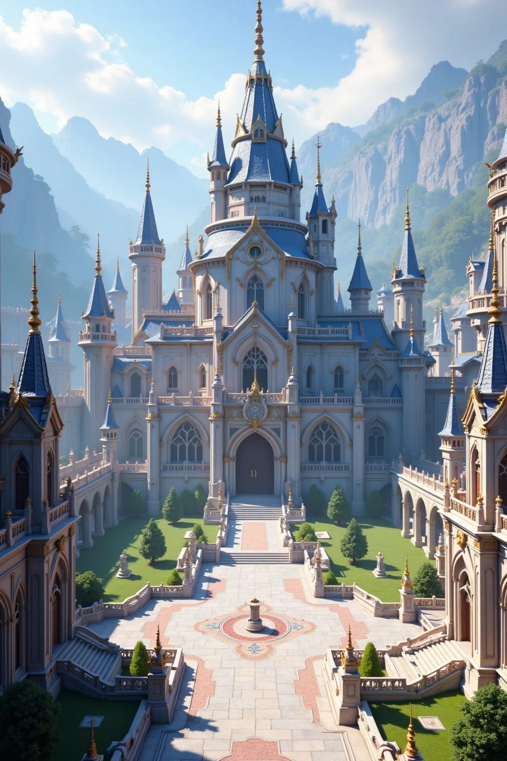 DJ_style,Fantasy architectural scenes, grand castles with spires, stone - paved squares, surrounded by misty mountains, bright sunlight casting long shadows.