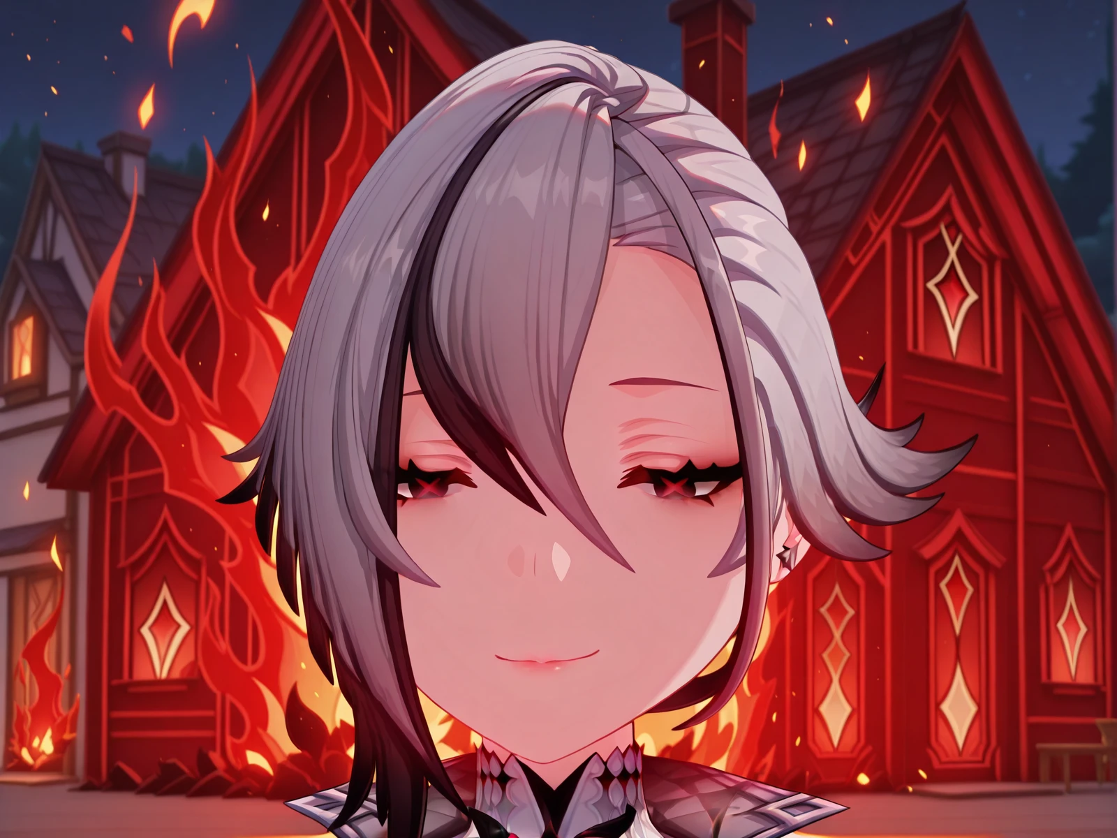 masterpiece, best quality, amazing quality,, <lora:genshin-arlecchino-ingame-illustriousxl-lora-nochekaiser:1>, arlecchino, arlecchino (genshin impact), short hair, black hair, hair between eyes, white hair, grey hair, multicolored hair, black eyes, two-tone hair, streaked hair, symbol-shaped pupils, red pupils, x-shaped pupils, mature female, large breasts, 3d, <lora:disaster-girl-illustriousxl-lora-nochekaiser:1>, disaster girl, disaster girl (meme), solo, looking at viewer, smile, closed mouth, upper body, blurry, blurry background, night, depth of field, half-closed eyes, parody, fire, meme, smug, burning house,, , ,