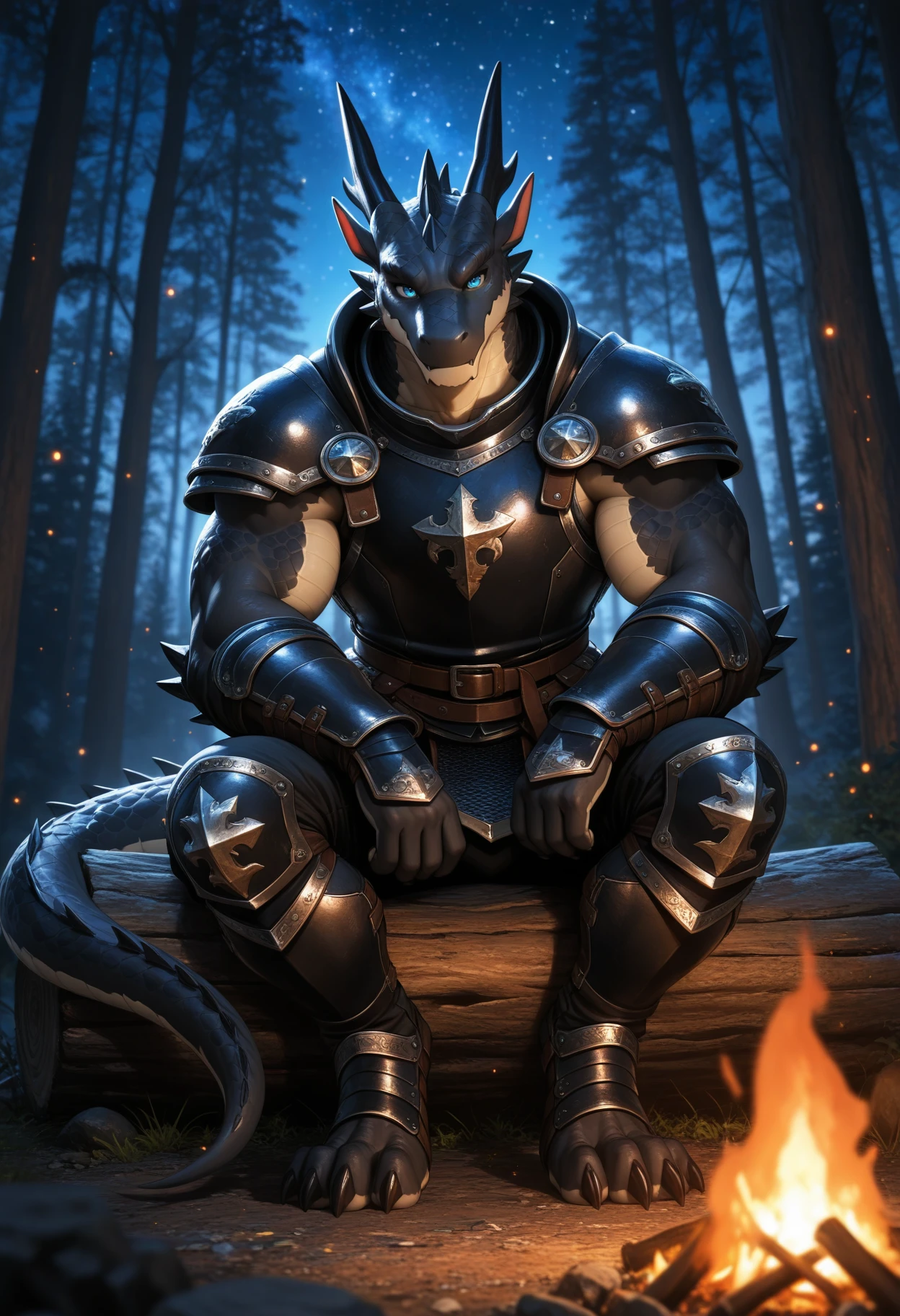 masterpiece, high detail, depth of field, dynamic lighting, best quality, very aesthetic, best quality, cinematic, high resolution, ultra-detailed, absurdres, newest,
furry male, male focus, bara, mature male, 1boy, solo, kemono, dragon, anthro, male, blue eyes, black body, scales, tail, muscles, handsome, armor, medieval, fantasy, outdoors, outside, night, forest, campfire, camp, stars, sitting, toe claws, epic, depth of field, perfect lighting, light particles, detailed background, countershading, (portrait)