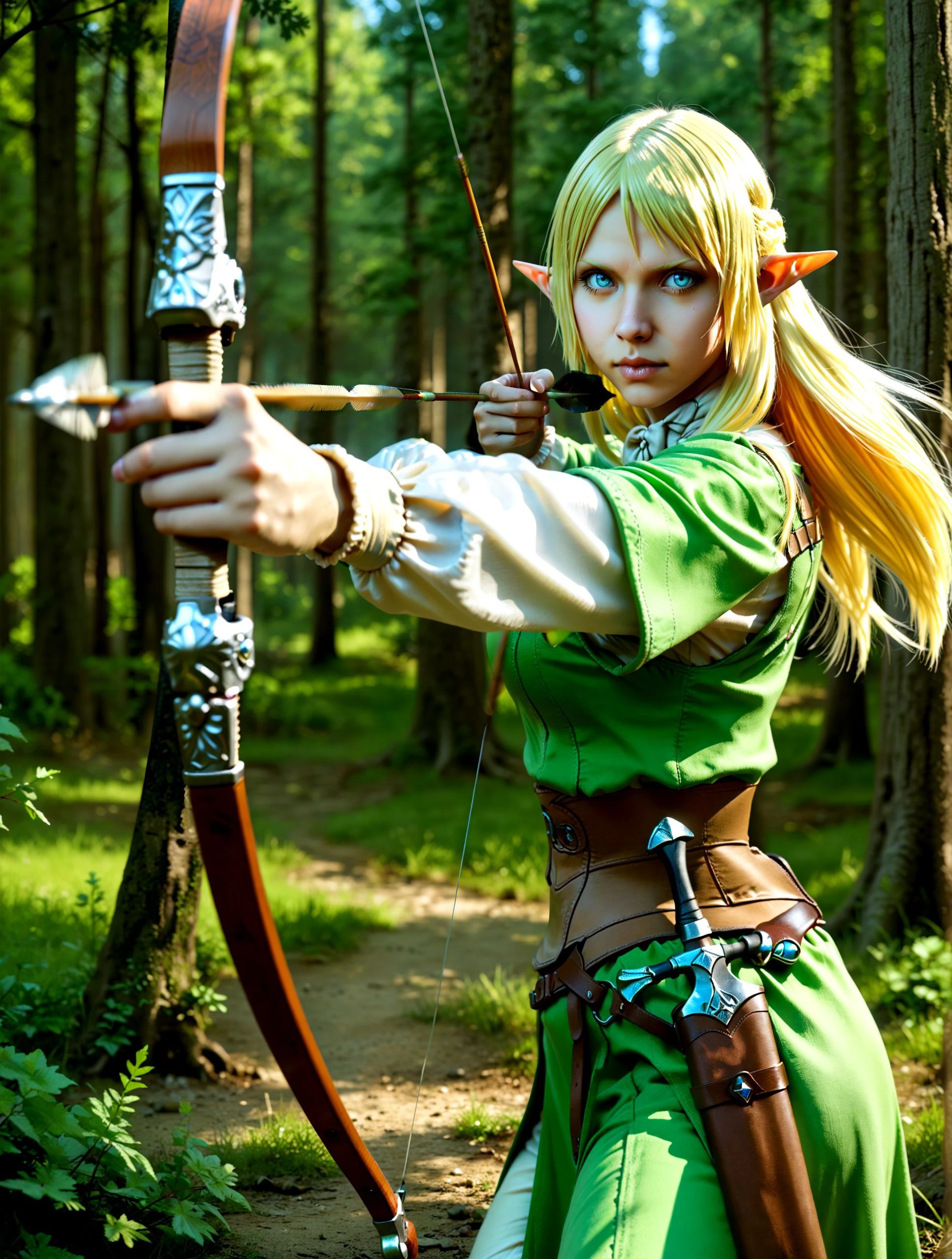 Tuka_Luna_Marceau, elf, 1girl, solo, blonde hair, blue eyes, archer's attire,
standing perfectly still after releasing an arrow, bow held steady, watching the arrow fly,
calm, focused, master's gaze,
arrow mid-flight, trail effect, slow motion feel, shallow depth of field focusing on her,
archery range, target in the far distance with an arrow hitting the bullseye, forest background,
score_8_up, score_7_up, action, detailed, dynamic pose, sharp focus
<lora:Tuka_Luna_Marceau_Pony:1>
