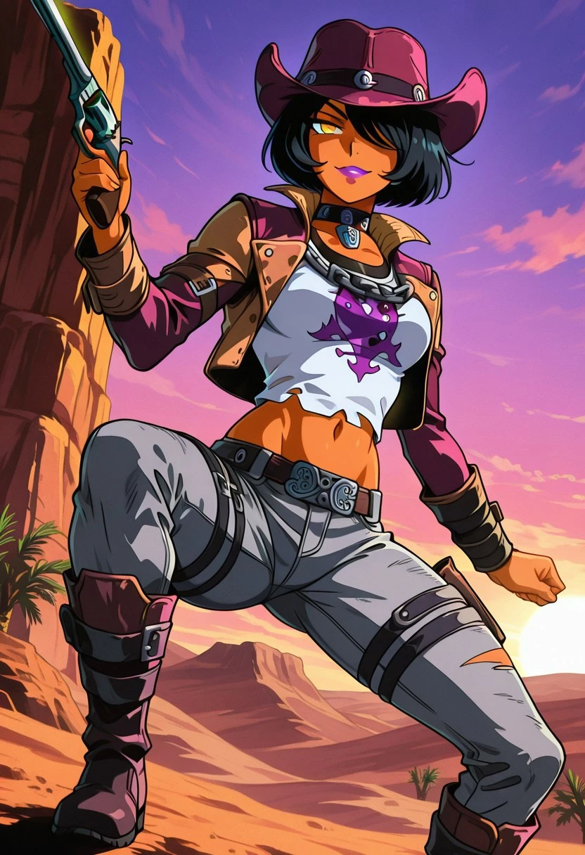 NishaBTPS, 1girl, solo, tanned skin, purple cowboy hat, black hair, bobcut, yellow eyes, hair over one eye, full lips, purple lipstick, choker, white torn shirt with print, brown jacket, , navel, midriff, groin, belt, grey denim pants, bandage, collar, chain, holster, boots, handgun, revolver,
masterpiece, best quality, fine details, intricate details, depth of field, subsurface scattering, bokeh, ultra-detailed, very aesthetic, detailed background, newest, scenery, highres, absurdres, colorful, vibrant, glowing, perfect face, 2d, perfect eyes, vibrant saturated colors, volumetric lighting, sharp, detailed eyes, perfect , perfect face, perfect eyes, mature body, clear eyes, beautiful eyes, athletic, curvy body, athletic girl, perky , perfect , round , pinup pose, teasing, expression, perfect hands,
muscular female, dutch angle, dynamic pose,
saloon, action shot, cowboy, western, wild west, cool cowboy pose from 60's movies, desert, cacti,Dual wield,
,Smooth Negative, Smooth_Quality,
dark_fantasy_style, dark fantasy, retro,
