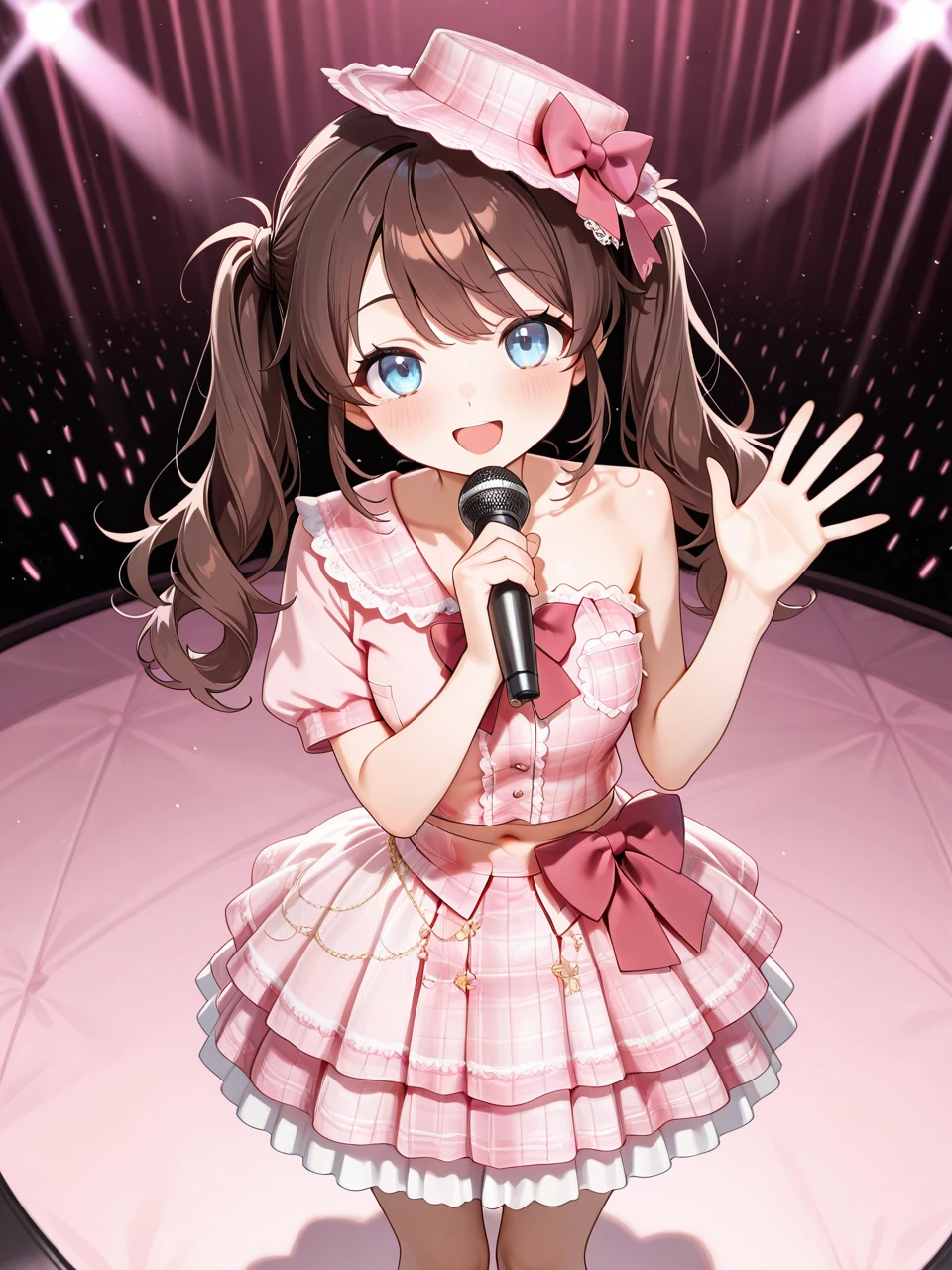 embedding:lazypos,detailed background,delicate, dreamy,
1girl, solo,
Hanasaki_Himari_OC, long hair, blue eyes, brown hair,twintails, breasts,
short single sleeve plaid shirt,bare shoulder, strap,pink shirt,red bowtie,lace trim,breast pocket,stomach,navel,
layered skirt,pink short plaid skirt,frills,lace trim,red waist bow,
plaid hat,pink hat bow,lace trim,
cowboy_shot,bare_legs,  
standing,looking_at_viewer,smile,singing,holding_microphone,front view,waving_arm,from_above,     
stage,stage_lights, 
