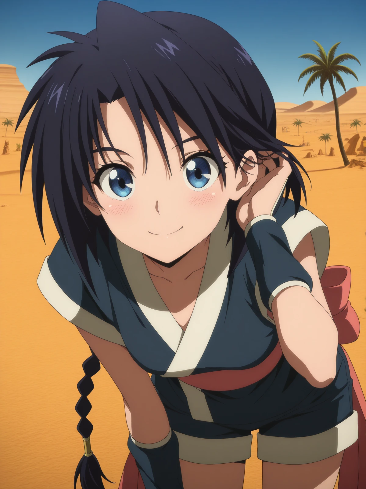 masterpiece, best quality, amazing quality,, <lora:misao-makimachi-anime2023-illustriousxl-lora-nochekaiser:1>, misao makimachi, long hair, blue eyes, black hair, braid, single braid, mature female, small breasts, anime screencap, shorts, sash, japanese clothes, ninja,, <lora:tucking-hair-illustriousxl-lora-nochekaiser:1>, tucking hair, adjusting hair, hand on own hair, hair behind ear, smile, bent over, leaning forward, blush, hand up,, oasis, water, palm_trees, desert, life, cowboy shot, solo, looking at viewer,