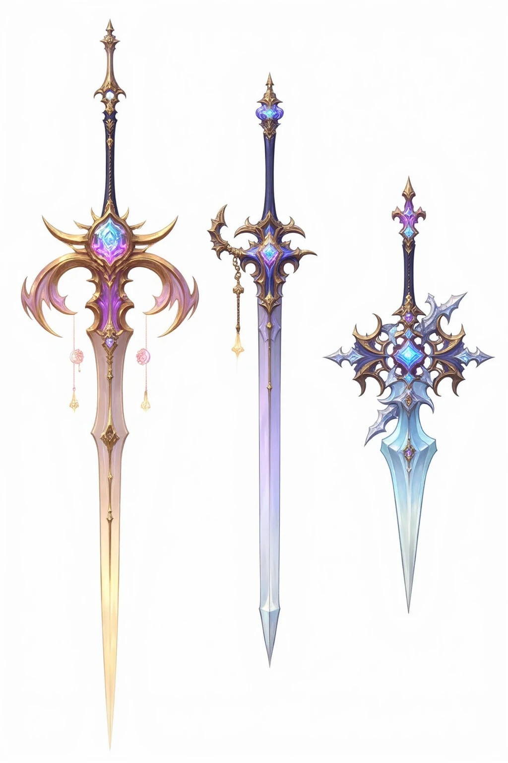 E_style,Fantasy weapon designs, ancient Egyptian, ankh - shaped blades, gold - inlaid hilts, hieroglyphic patterns, for desert pharaohs.