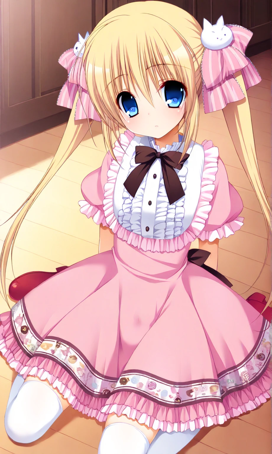 masterpiece,best quality,amazing quality,solo,1girl, galgame cg, beautiful girl,ami ichigo, blonde hair, twintails, long hair, hair bow, pink bow, hair pink bow, blue eyes, pink dress, ruffled trim, pink dress with frills, lace details, dark brown bow tie, bow tie, patterned skirt, pink skirt, white thigh-high socks, red shoes, red shoes with bows, flat chest, bulge, covered penis,