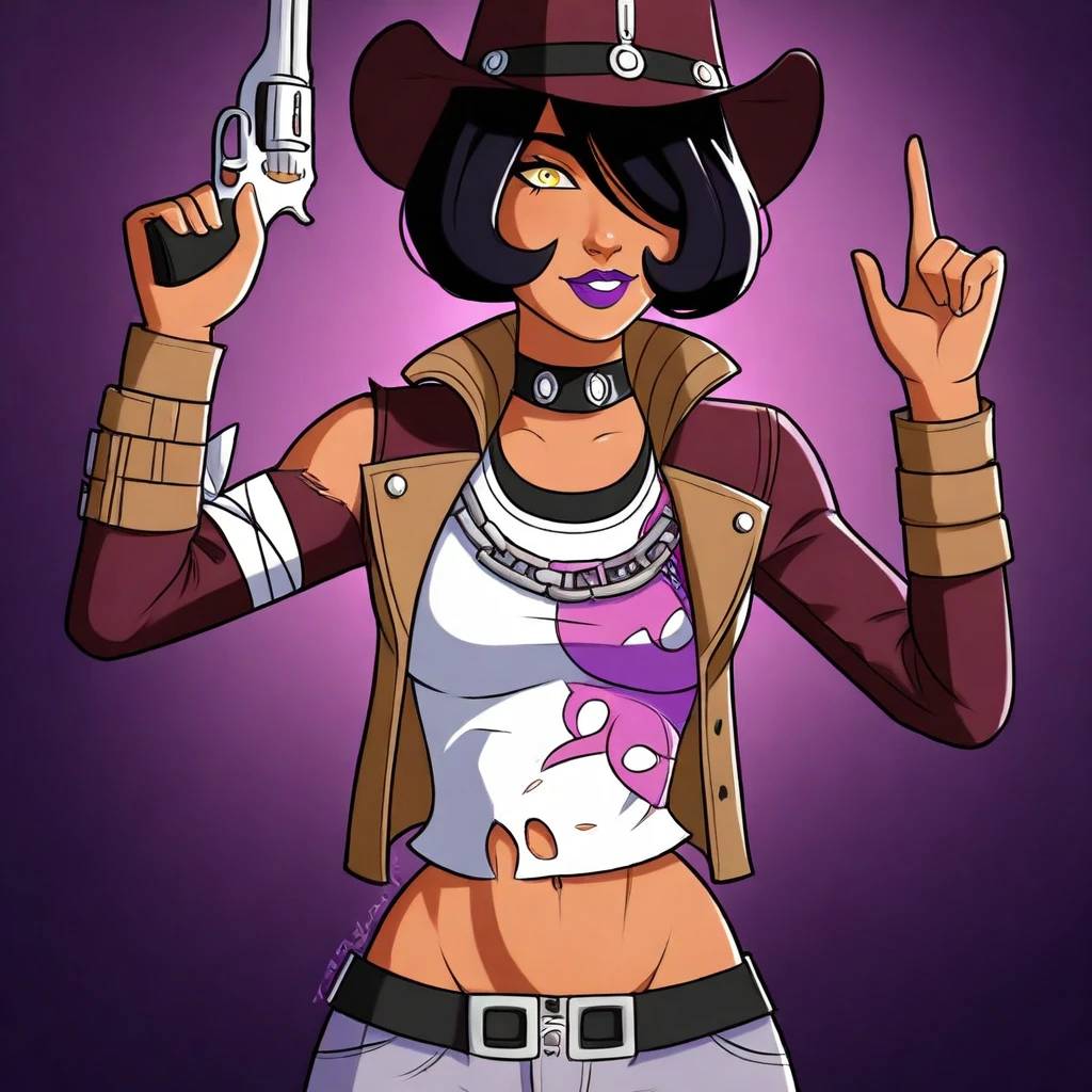 NishaBTPS, 1girl, solo, purple cowboy hat, black hair, bobcut,  yellow eyes, hair over one eye, full lips, purple lipstick, choker, white torn shirt with print, brown jacket, , navel, midriff, groin, belt, grey denim pants, bandage, collar, chain, holster, boots, handgun, revolver, masterpiece, best quality, fine details, intricate details, depth of field, subsurface scattering, bokeh, ultra-detailed, very aesthetic, detailed background, newest, scenery, highres, absurdres, colorful, vibrant, glowing, perfect face, 2d, perfect eyes, vibrant saturated colors, volumetric lighting, sharp, detailed eyes, perfect , perfect face, perfect eyes, mature body, clear eyes, beautiful eyes, athletic, curvy body, athletic girl, perky , perfect , round , pinup pose, teasing,  expression, perfect hands, muscular female,