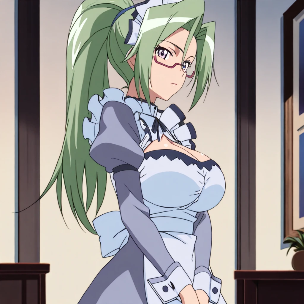 masterpiece,high score,great score,absurdres,anime coloring,looking at viewer,1girl,solo,cowboy_shot,from side,<lora:MitsukiHanyuu ag4o:1> mitsukihanyuu, green hair, ponytail, purple eyes, glasses,maid,cleavage,