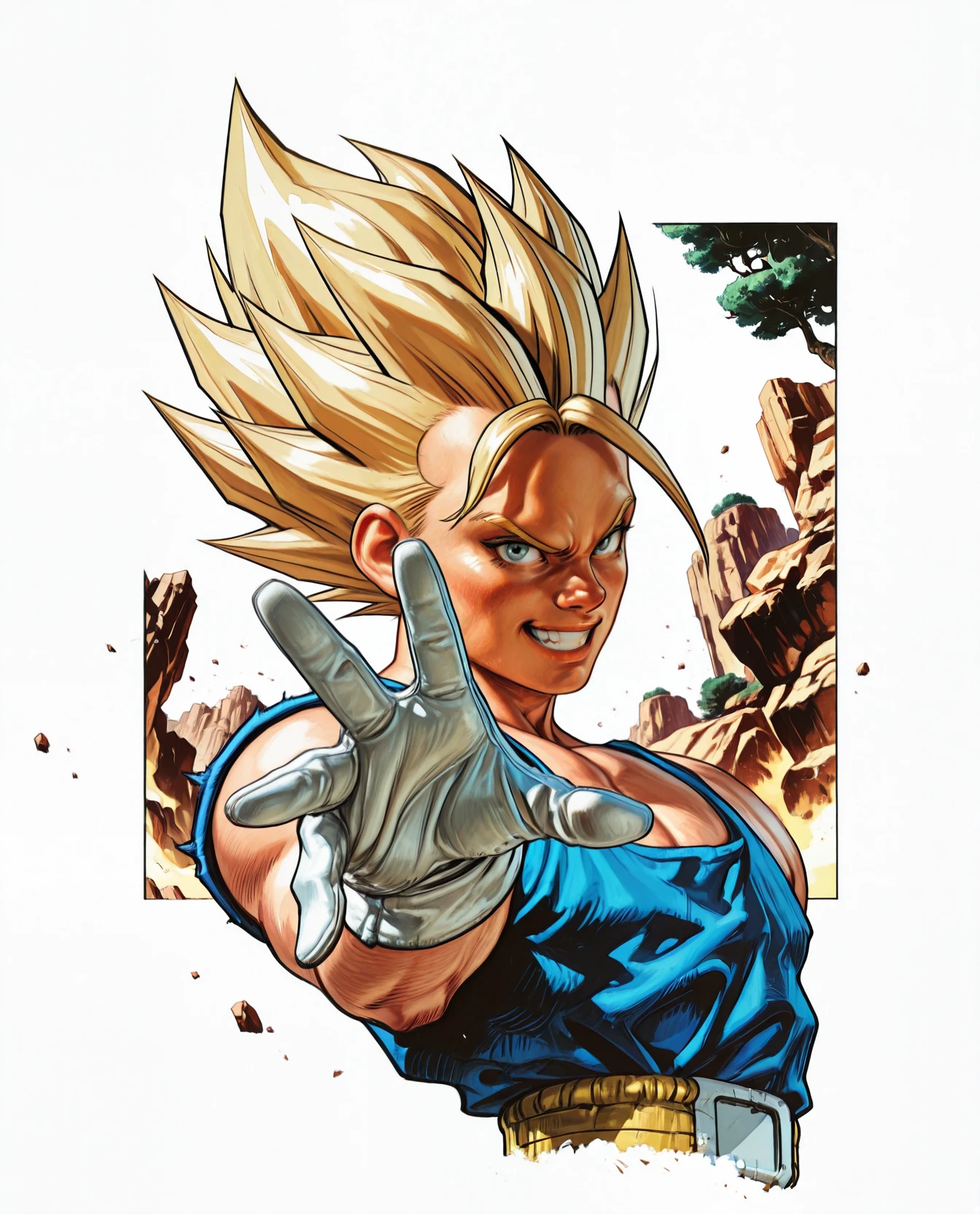 embedding:Stable_Yogis_PDXL_Positives, embedding:Stable_Yogis_PDXL_Positives2, embedding:lazypos, embedding:cr1sp, ,, 1boy, blonde hair, grey eyes, grin, outstretched arm, outstretched hand, spiked hair, super saiyan, upper body, white gloves, masterpiece, best quality, amazing quality, very aesthetic, absurdres, newest, (scenery, volumetric lighting), 8k, detail, sharp focus, HDR, bold outlines, strong shadows, high contrast, smooth gradients, ultra detailed, vibrant, stunningly beautiful, crisp lines, detailed, sleek, ultramodern, subtle shadows, intricate, professional, high-resolution, perfect lighting, very awa, ultradetailed, solo, depth, complex lighting, movie quality
,