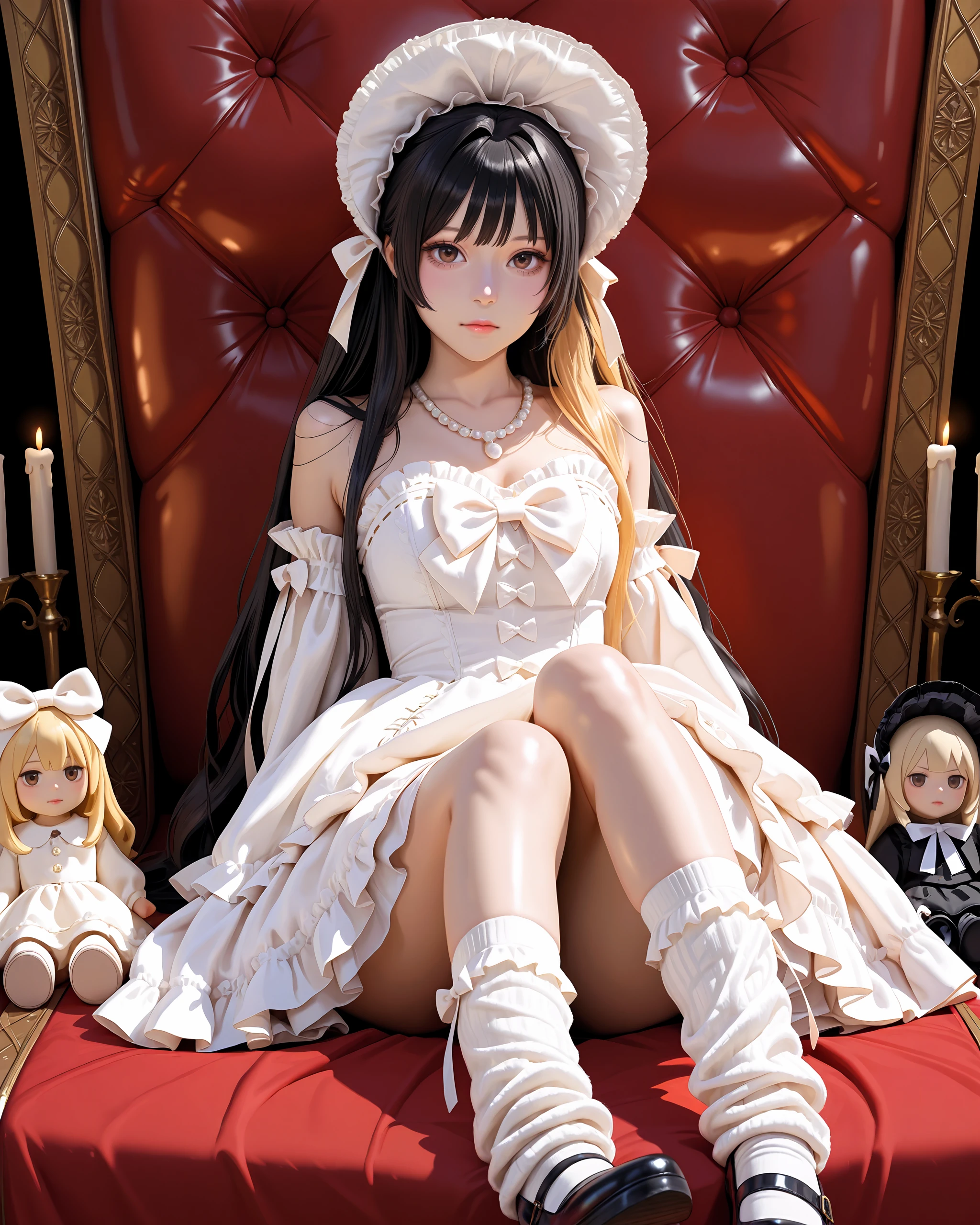 masterpiece,absurdres,highres,newest,very awa,best quality,year 2024,photorealistic,realistic,1girl,solo,long hair,looking at viewer,blonde hair,black hair,dress,bow,closed mouth,jewelry,very long hair,sitting,brown eyes,socks,white dress,necklace,lips,strapless,white socks,white bow,doll,candle,loose socks,bonnet,leg warmers,pearl necklace,candlestand,mary janes,layered dress,off-shoulder dress,frilled dress,ribbon-trimmed dress,