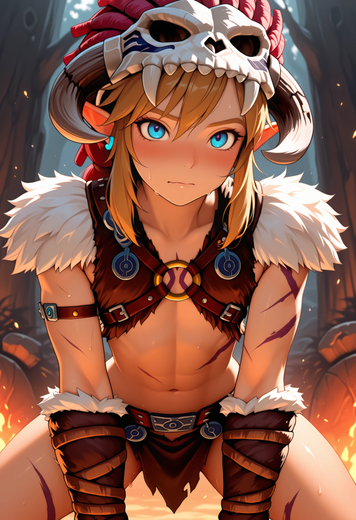 masterpiece, best quality, amazing quality, very aesthetic, high resolution, ultra-detailed, absurdres, barbarian, link, 1boy, otoko no ko,solo, fur trim, animal skull, <lora:LinkBarbarian-10:0.85>